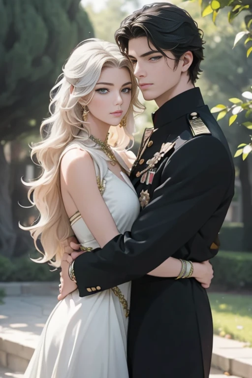 (masterpiece, highest quality, high resolution, 8k, difficulty: 1.2) photorealistic book cover in the genre of epic romantic fantasy, in the center of which a COUPLE (a man and a woman) is depicted. Spring romantic fantasy in the center stands a handsome, tall, statuesque, courageous young man, blond with long white hair, green eyes, dressed in an antique black military uniform and golden armor, he hugs from behind a beautiful, incredibly beautiful young femme fatale with long curly aquamarine hair, gray-blue eyes, she is a princess. proportional, delicate, shimmering, beautiful faces, daytime bokeh, fairy tale fairy, mysterious, bright spring color scheme, (Best quality, 8K, high resolution, Masterpiece: 1.2), Over-detailed (Realistic, Photorealistic, photorealistic-realistic: 1.37), Artistic decoration in a creative style, Historical, classic, sophistication, multicolor, high detail, soft lighting, luxurious furnishings, dress with details, bright flowers, exquisite jewelry, Unearthly atmosphere, Elegant pose, Graceful curves, Loose hair, Breathtaking patterns on textiles, Delicate floral decor, Dazzling set of crystal accessories, mysterious and dreamy atmosphere, impeccable attention to detail. expressive eyes, beautiful face.