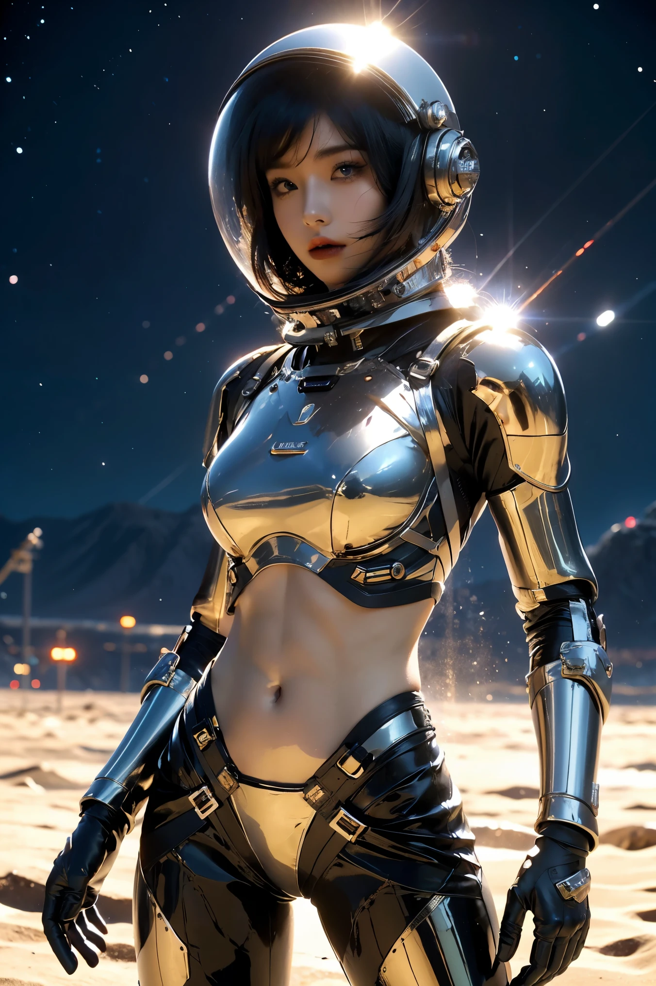 a girl in spacesuit, fully exposed midriff, bare waist,cowboy-shot, in outer space, desolate alien planet, transparen space-helmet,Transparent full-face helmet ,((bikini top)),((metal Bikini armor)), sexy exposed midriff, full metallic armor, bare midriff and waist, open abdomen, fully exposed abdomen, cowboy-shot, realistic, photorealistic, high quality, 8k, extremely detailed, masterpiece, dynamic pose, dramatic lighting, cinematic, sci-fi, futuristic, vibrant colors