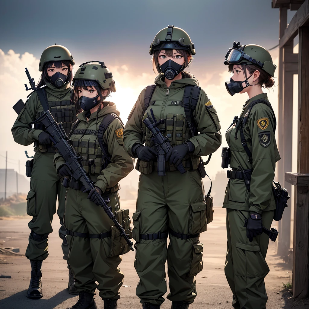 Three female special forces soldiers wearing gas masks、Head off frame、Put on a helmet、Wear goggles、M51 Military Uniform,front,side by side、Same posture、Holding a rifle、military trousers、ammo pouch、Tactical harness、Write details、masterpiece、best quality、Highly detailed CG、8K picture quality、theater lighting、lens flare