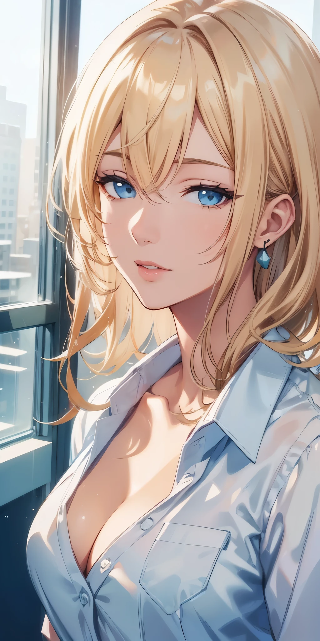 Best quality, 4k resolution, portrait, elegant boss lady, long straight hair, swept-side bang, [[brown hair]], blonde hair, light blue eyes, office shirt, cleavage, office window, soft light