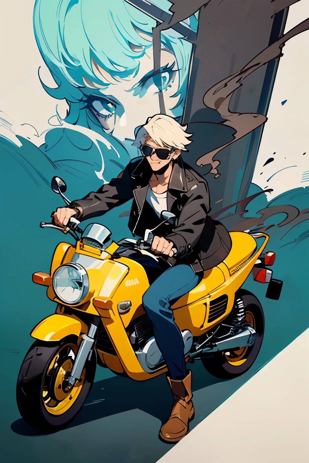 ((melhor qualidade)), ((Obra de arte)), (detalhado), rosto perfeito, a mercenary man in a leather jacket, sunglasses, cabelos pretos, sorriso maligno, fumando cigarro em cima de um moto