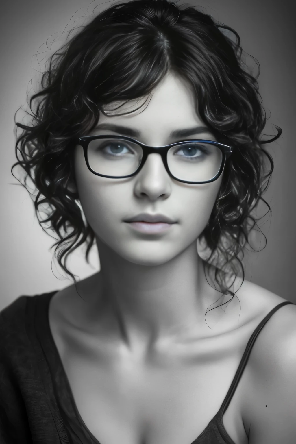 Photo of a 20-year-old white girl with black curly hair similar to the Kalogeras sisters, raw, Beautiful woman, (framed by glasses), blue eyes, ((Detailed face:1.2)), ((detailed facial features)), (finely detailed skin), glasses-clad, pale skin, ((No background)), glancing directly at the camera, (high contrast), hyper-detailed, realistic skin texture, ((High quality:1.4)), ultra-high resolution, (photorealistic: 1.4), high resolution, detailed, raw photo, sharp focus, by Lee Jeffries, Nikon D850, film stock photography, 4 cameras, K