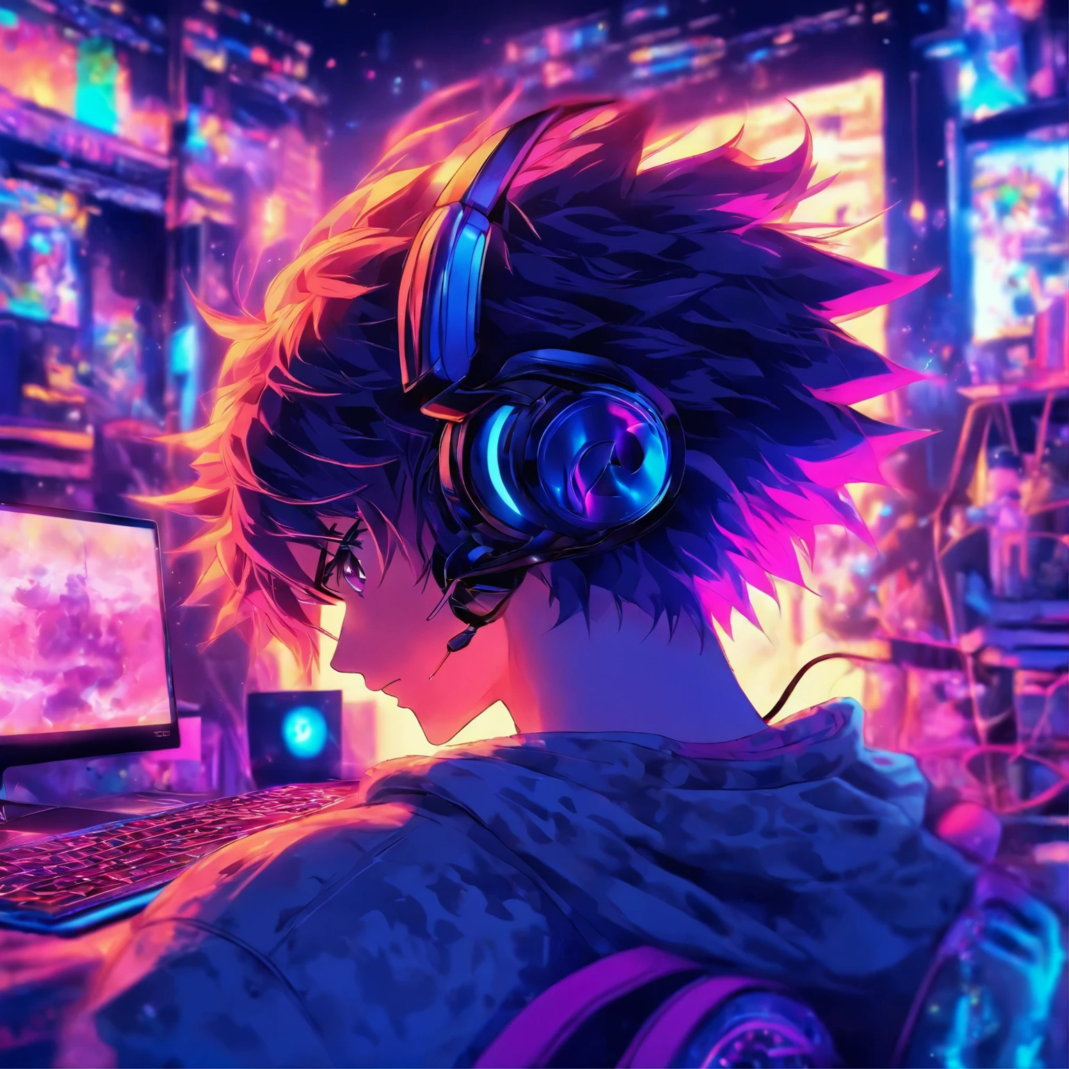 Hombre, cabello corto rizado, Gamer headphones, Quiet room, mejor calidad, laptop en el escrito