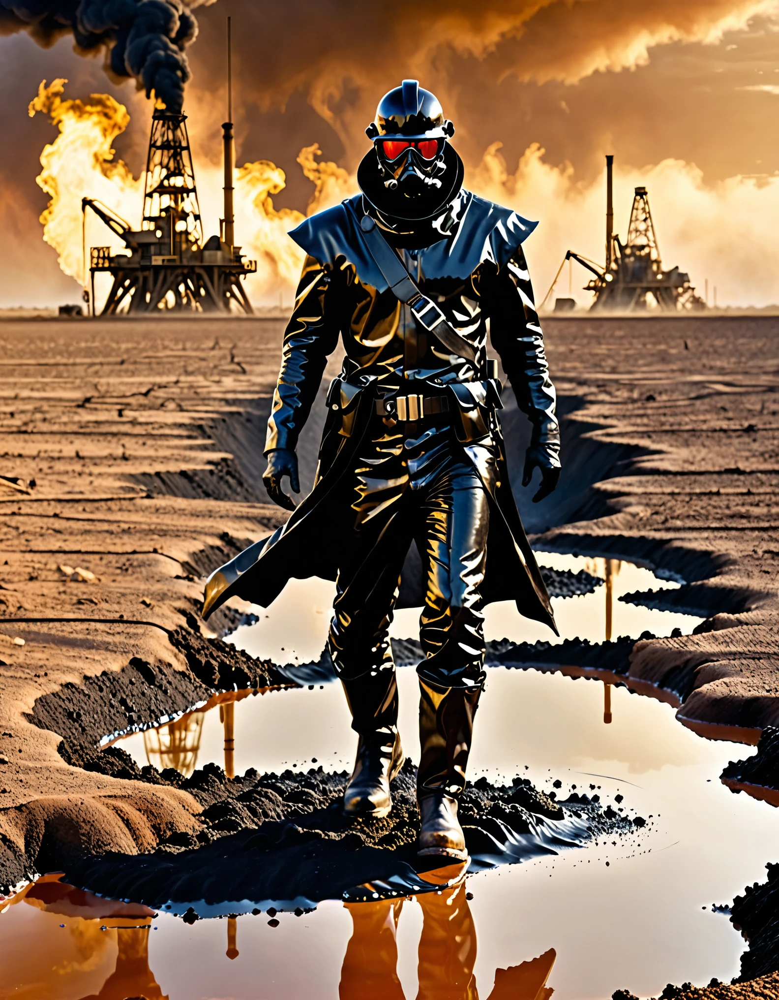high res, solo, solo focus, male focus, 1man, man made of black liquid tar, boots, desert oil fields, menacing look, danger atmosphere, solo, masterpiece, best quality, full body shot, science fiction, looking at viewer, emerging from a tar pit