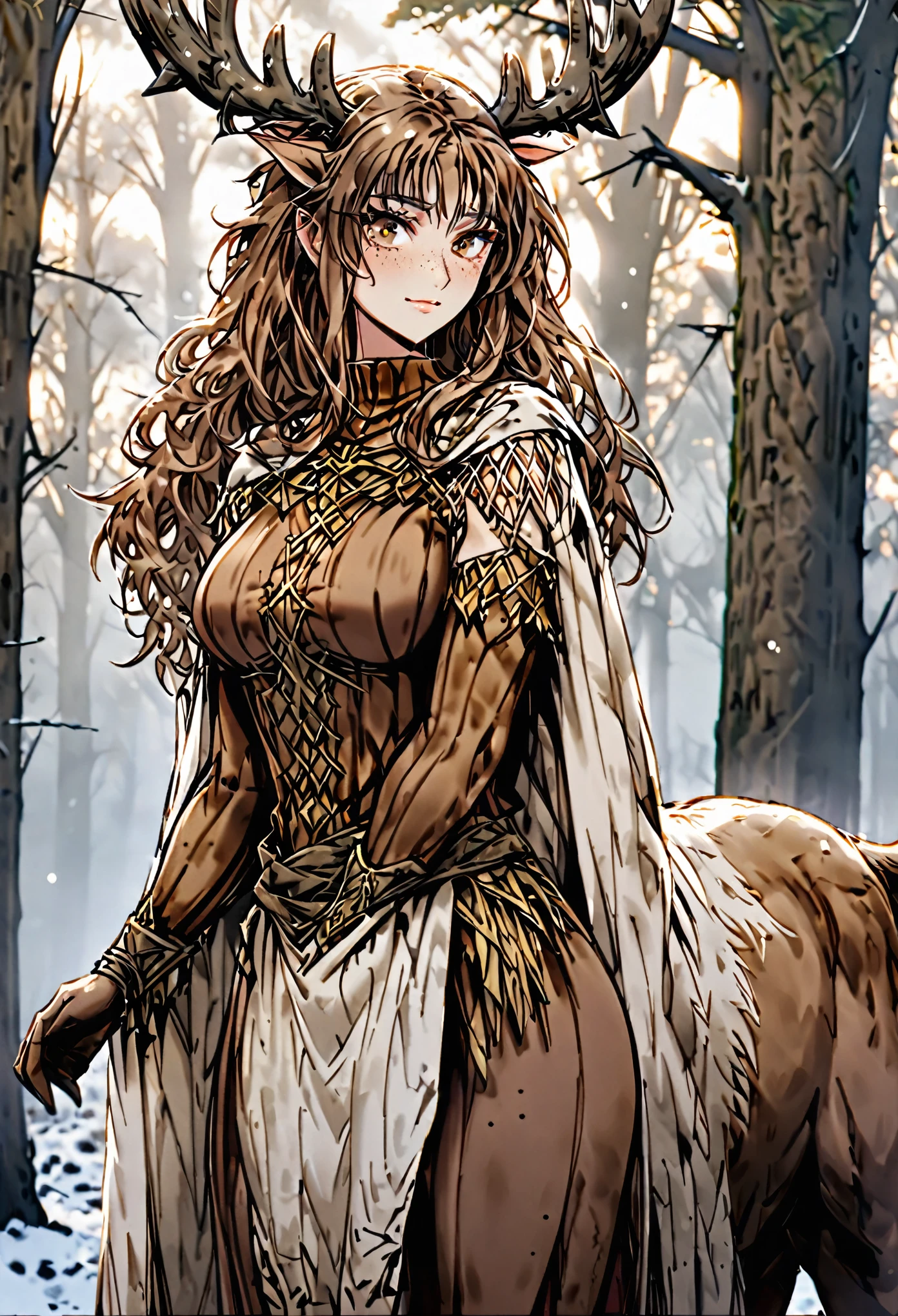 Solo, female, sfw, medium shot, brown hair, long hair, wild hair, deer antlers, huge woman, brown eyes, cape, winter, forest, freckles, shy smile, shy pose, ((deertaur)), deer centaur, villager clothes, medieval, deer body, deer lower body