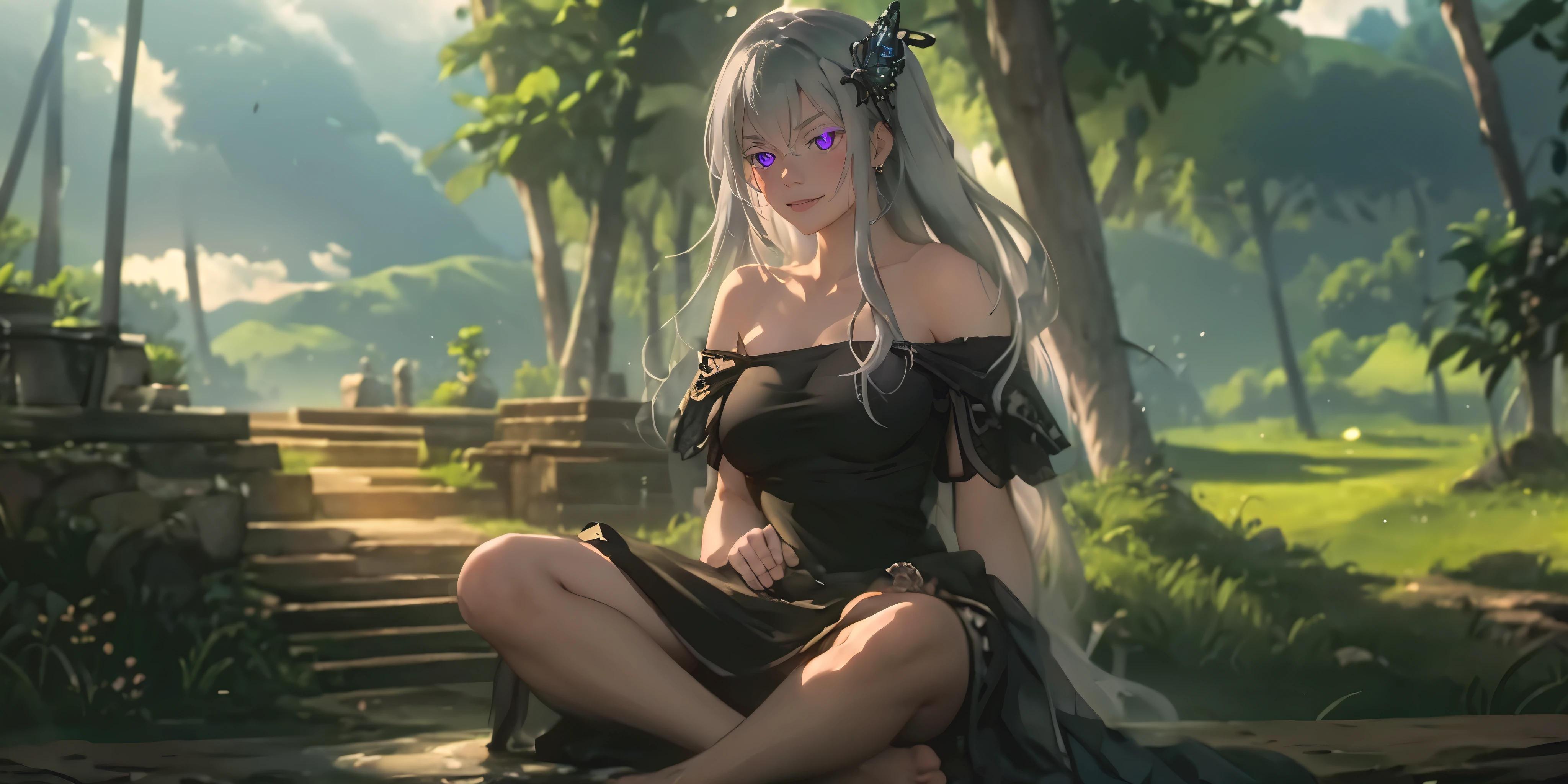 (long hari, silver hair:1.5), hair ornament, purple eyes, breasts, epic art, fantasy, 1girl, grass, solo, barefoot, sitting, breasts, mountain, sunset, dress, bare_shoulders, outdoors, looking_at_viewer, off_shoulder, field, sky, lake, collarbone, mountainous_horizon, indian_style, twilight, tree, black_dress, large_breasts, scenery, medium_breasts, feet, off-shoulder_dress, "long shot scenic professional photograph of {prompt}, perfect viewpoint, highly detailed, wide-angle lens, hyper realistic, with dramatic sky, polarizing filter, natural lighting, vivid colors, everything in sharp focus, HDR, UHD, K", hollow eyes, bright pupils, purple eyes, looking at viewer. glowing eyes, heavy breathing, smirk, upper teeth, 