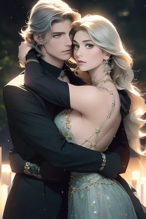 (masterpiece, highest quality, high resolution, 8k, difficulty: 1.2) photorealistic book cover in the genre of epic romantic fantasy, in the center of which a COUPLE (a man and a woman) is depicted. Spring romantic fantasy in the center stands a handsome, tall, statuesque, courageous young blond man with long white hair, green eyes, dressed in an antique black military uniform and golden armor, he hugs from behind a beautiful, incredibly beautiful young femme fatale with long curly aquamarine hair, aquamarine eyes, she is a princess. proportional, delicate, shimmering, beautiful faces, daytime bokeh, fairy tale fairy, mysterious, bright spring color scheme, (Best quality, 8K, high resolution, Masterpiece: 1.2), Over-detailed (Realistic, Photorealistic, photorealistic-realistic: 1.37), Artistic decoration in a creative style, Historical, classic, sophistication, multicolor, high detail, soft lighting, luxurious furnishings, dress with details, bright flowers, exquisite jewelry, Unearthly atmosphere, Elegant pose, Graceful curves, Loose hair, Breathtaking patterns on textiles, Delicate floral decor, Dazzling set of crystal accessories, mysterious and dreamy atmosphere, impeccable attention to detail. expressive eyes, beautiful face.