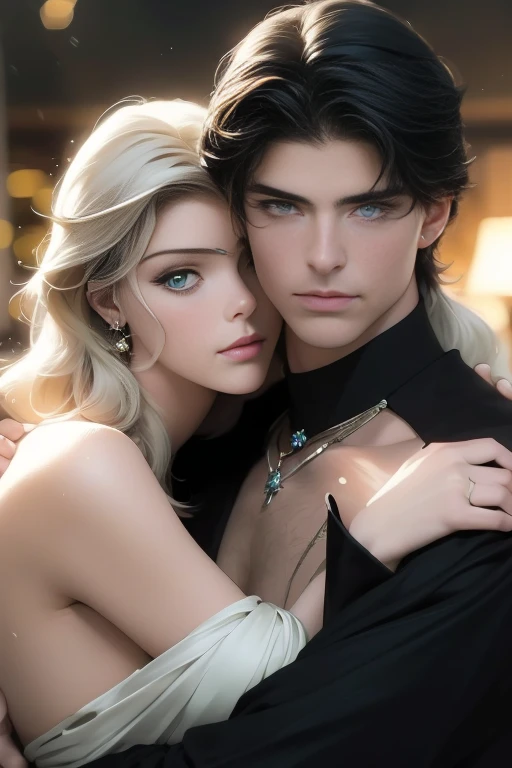 (masterpiece, highest quality, high resolution, 8k, difficulty: 1.2) photorealistic book cover in the genre of epic romantic fantasy, in the center of which a COUPLE (a man and a woman) is depicted. Spring romantic fantasy in the center stands a handsome, tall, statuesque, courageous young blond man with long white hair, green eyes, dressed in an antique black military uniform and golden armor, he hugs from behind a beautiful, incredibly beautiful young femme fatale with long curly aquamarine hair, aquamarine eyes, she is a princess. proportional, delicate, shimmering, beautiful faces, daytime bokeh, fairy tale fairy, mysterious, bright spring color scheme, (Best quality, 8K, high resolution, Masterpiece: 1.2), Over-detailed (Realistic, Photorealistic, photorealistic-realistic: 1.37), Artistic decoration in a creative style, Historical, classic, sophistication, multicolor, high detail, soft lighting, luxurious furnishings, dress with details, bright flowers, exquisite jewelry, Unearthly atmosphere, Elegant pose, Graceful curves, Loose hair, Breathtaking patterns on textiles, Delicate floral decor, Dazzling set of crystal accessories, mysterious and dreamy atmosphere, impeccable attention to detail. expressive eyes, beautiful face.