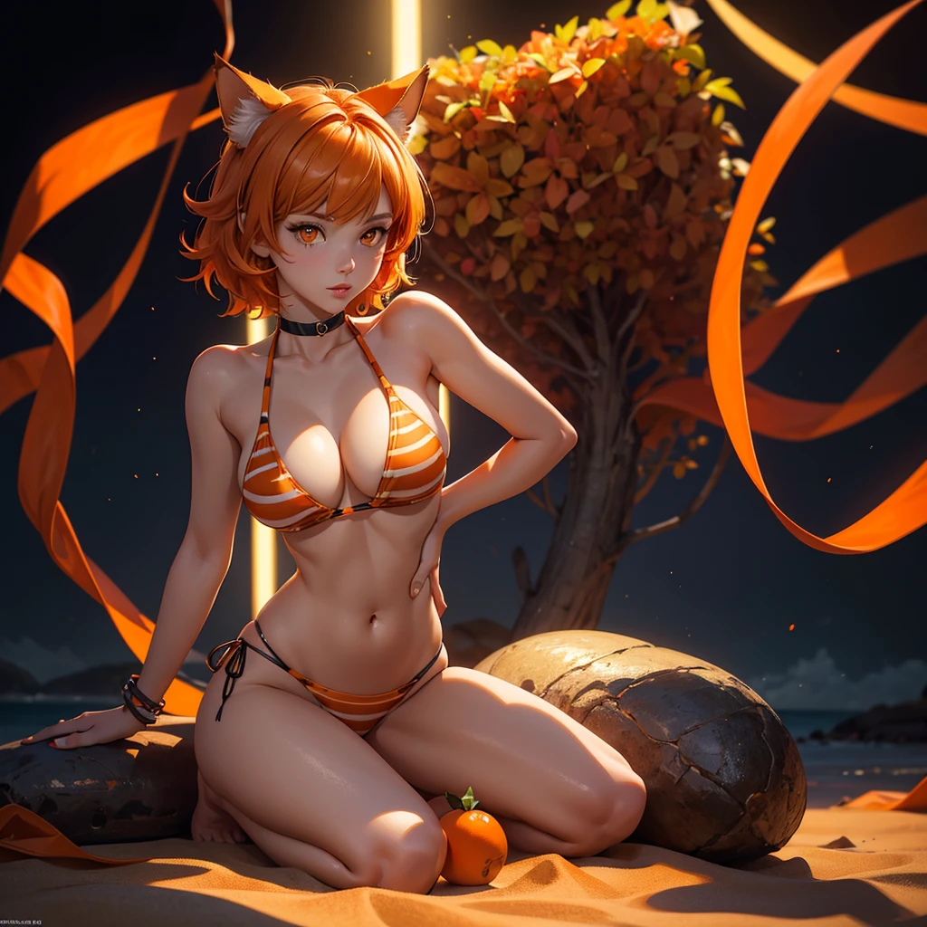 (high resolution, full body, soft skin:1.2, orange short hair),(best illustration,masterpiece:1.2),ultra-detailed,[(cat ears , orange inside:1.2, orange eyes),vivid colors,sharp focus,portrait,studio lighting,bokeh, wearing a 2 piece zebra bikini, midnight beach background, spotlight in background, kneeling