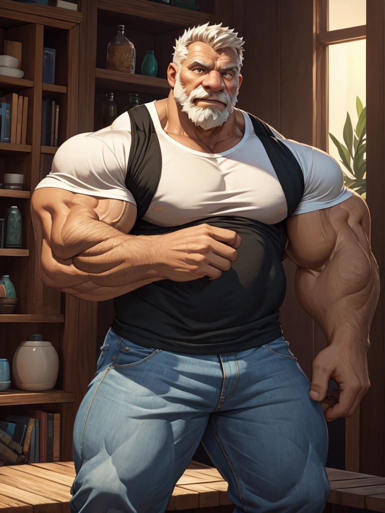 extremely huge muscular, massive muscular, full-body, well-muscled old man in a white shirt. ((extremely muscle size, super thick arms, huge pectoral, extremely wide pectoral , huge arms)). Make sure that the black shirt striped with white is an important element of the image, and add details to make it attractive and interesting. Add textures and details to make the image more realistic, such as the appearance of the shirt texture and the appearance of the skin. Make sure the resulting image is high resolution, 8K quality."