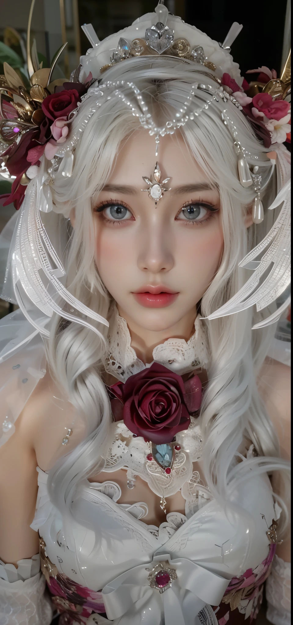 Game Art，CG Animation，Best image quality，Maximum resolution，8K picture quality，(A bust photo)，(portrait)，(Head close-up)，(Rule of Thirds)，Unreal Engine 5 rendering works，20 year old girl，((Queen))，The eyes are very detailed，(Large Breasts)，Elegance and nobility，Light，Light线追踪，Game CG，((3D Unreal Engine))，OC rendering reflection mode，4k，Ultra-clear，Translucent lace，Fair and plump figure，Pretty Face，Light泽凝胶涂层，身着华贵礼服的Queen，Gorgeous clothing，Luxurious and exquisite jewelry，Colorful makeup，Luxurious diamond necklace，
