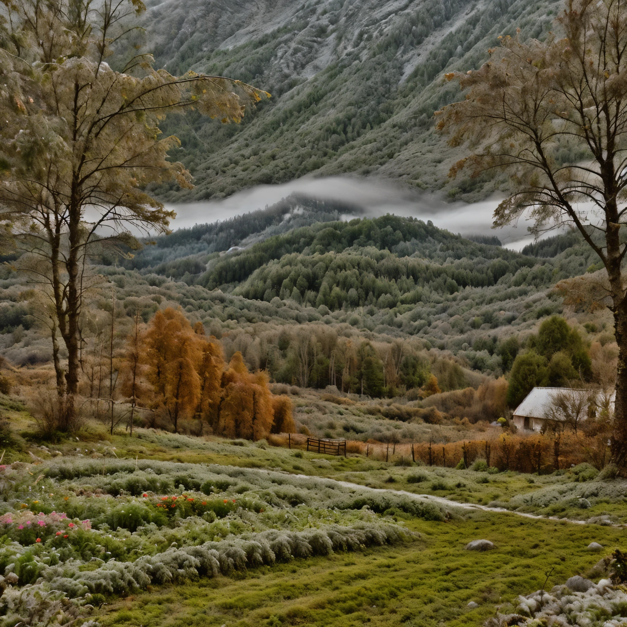 
(masterpiece, best quality:1.2), Cold, forest, cold forest, cold rain, fog, , mountain, sky, grass, terricone, dirt, small trees, small bushes, realistic photo, hot weather, mountain, flowers, garden, trees, beautiful flowers, winter, cold winter