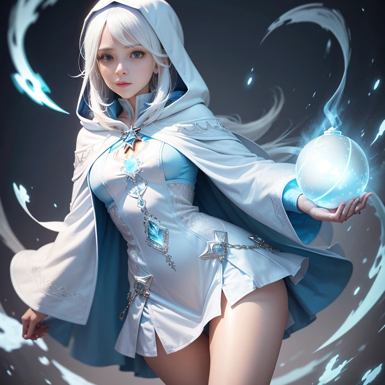 A white hair magician girl wearing a light blue hooded tunic, white mini dress with silver ornaments, white mini skirt, conjuring magic.