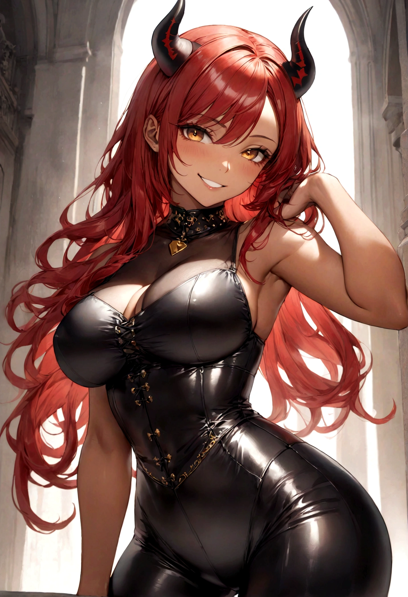 ((top-quality)), ((masterpiece)), ((ultra-detailliert)), (extremely delicate and beautiful), voluptuous woman, sexy woman, dark tanned skin, red hair, wavy hair, long hair, wearing skin tight glossy black corset top, skin tight glossy black pants, dominant sexy expression, demon horns, golden eyes, sexy smile