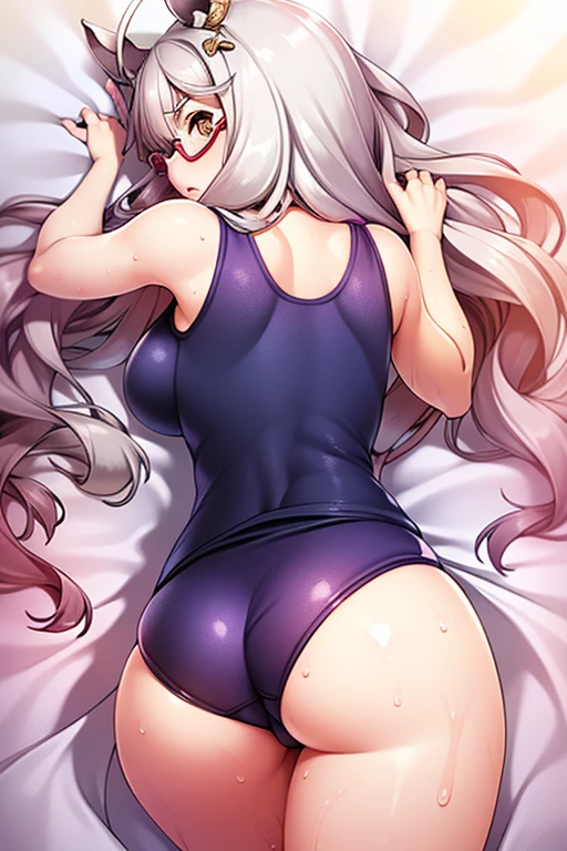 biwa hayahide \(umamusume\), under rim glasses, from behind,lying on stomach,('masterpiece,Best quality,1girl,Mature and intellectual lady,beautiful',),school swimsuit,wet_swimsuit,banquet,at noon