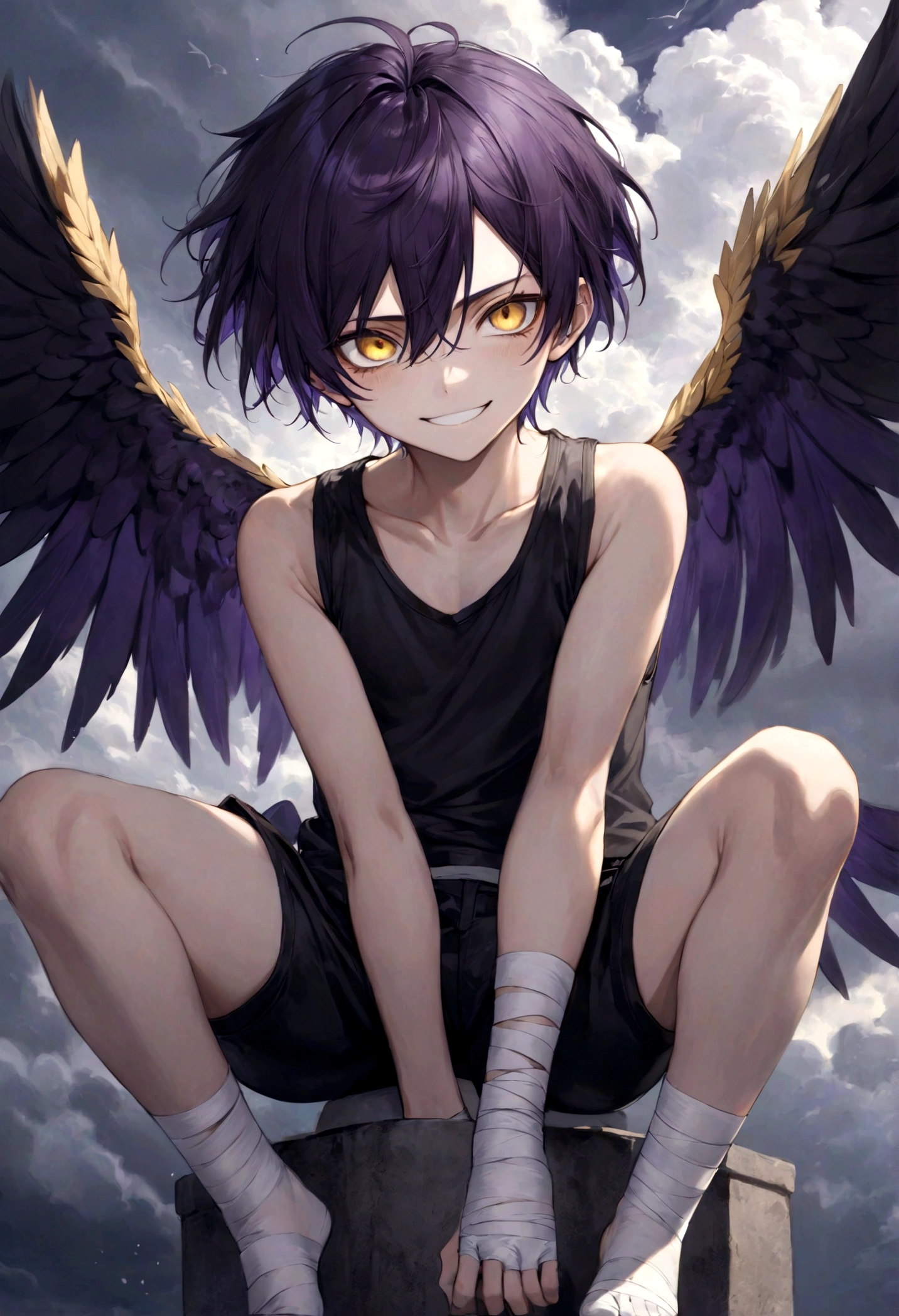 ((top-quality)), ((masterpiece)), ((ultra-detailliert)), (extremely delicate and beautiful), harpy boy, bandages on feet, mischievous smile, dark purple hair, golden eyes, constricted pupils, dark purple wings, well fitted black tank top, dark black shorts, stormy sky background