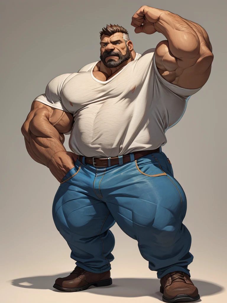 extremely huge muscular, massive muscular, full-body, well-muscled old man in a white shirt. ((extremely muscle size, super thick arms, huge pectoral, extremely wide pectoral , huge arms)).  and add details to make it attractive and interesting. Add textures and details to make the image more realistic, such as the appearance of the shirt texture and the appearance of the skin. Make sure the resulting image is high resolution, 8K quality."