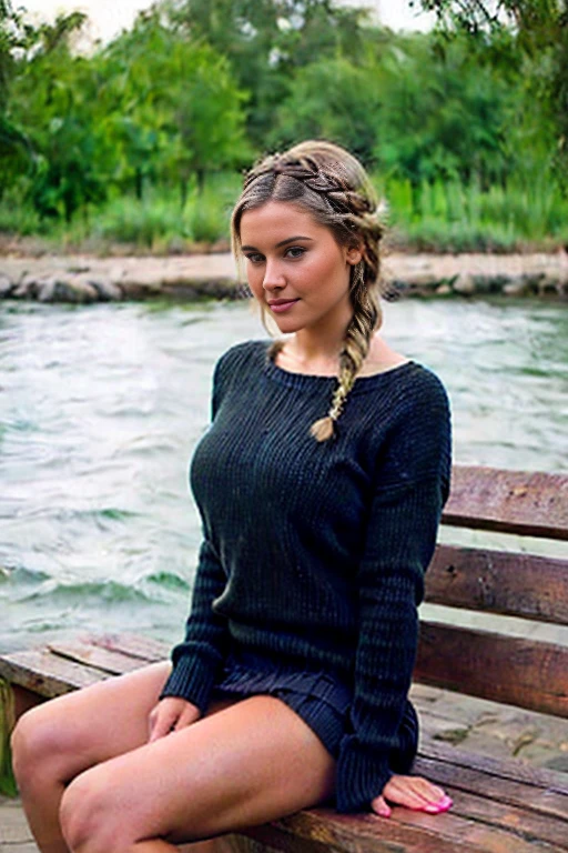 Woman sitting on a bench wearing a black sweater and skirt., coletas hairstyle, two coletas hairstyle, coleta braids, with black coletas, coletas hair, coletas, hair in coletas, long coleta, blond hair with coletas, chica con trenzas, peinado de dos colas, coleta, dos trenzas, ((NSFW))