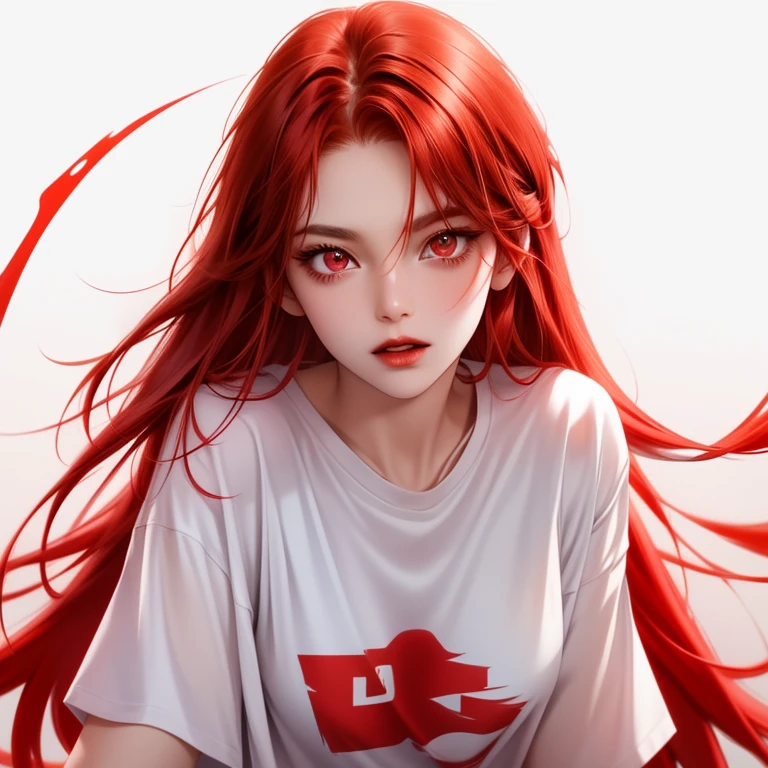 Girl, red hair, red eyes, sharp features, white skin, red t-shirt