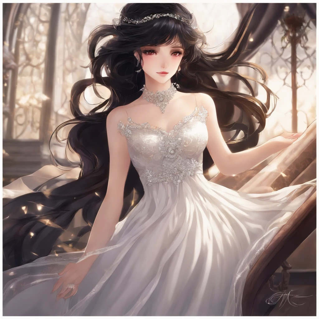 Black hair, brown eyes, beautiful white dress, anime