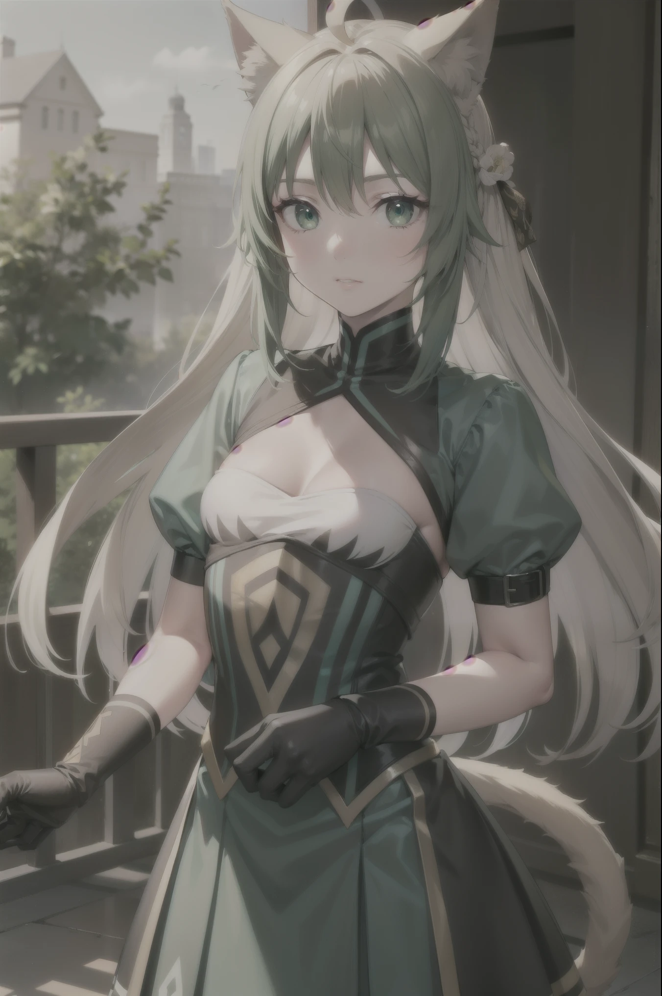 atalanta, atalanta, animal ears, blonde hair, cat ears, cat girl, cat tail, (green eyes:1.5), green hair, hair between eyes, long hair, multicolored hair, tail, (small breast:1.2),
BREAK black gloves, gloves, skirt, dress, green dress, short sleeves, puffy sleeves, juliet sleeves, short skirt, green skirt,
BREAK looking at viewer,
BREAK outdoors,
BREAK (masterpiece:1.2), best quality, high resolution, unity 8k wallpaper, (illustration:0.8), (beautiful detailed eyes:1.6), extremely detailed face, perfect lighting, extremely detailed CG, (perfect hands, perfect anatomy),