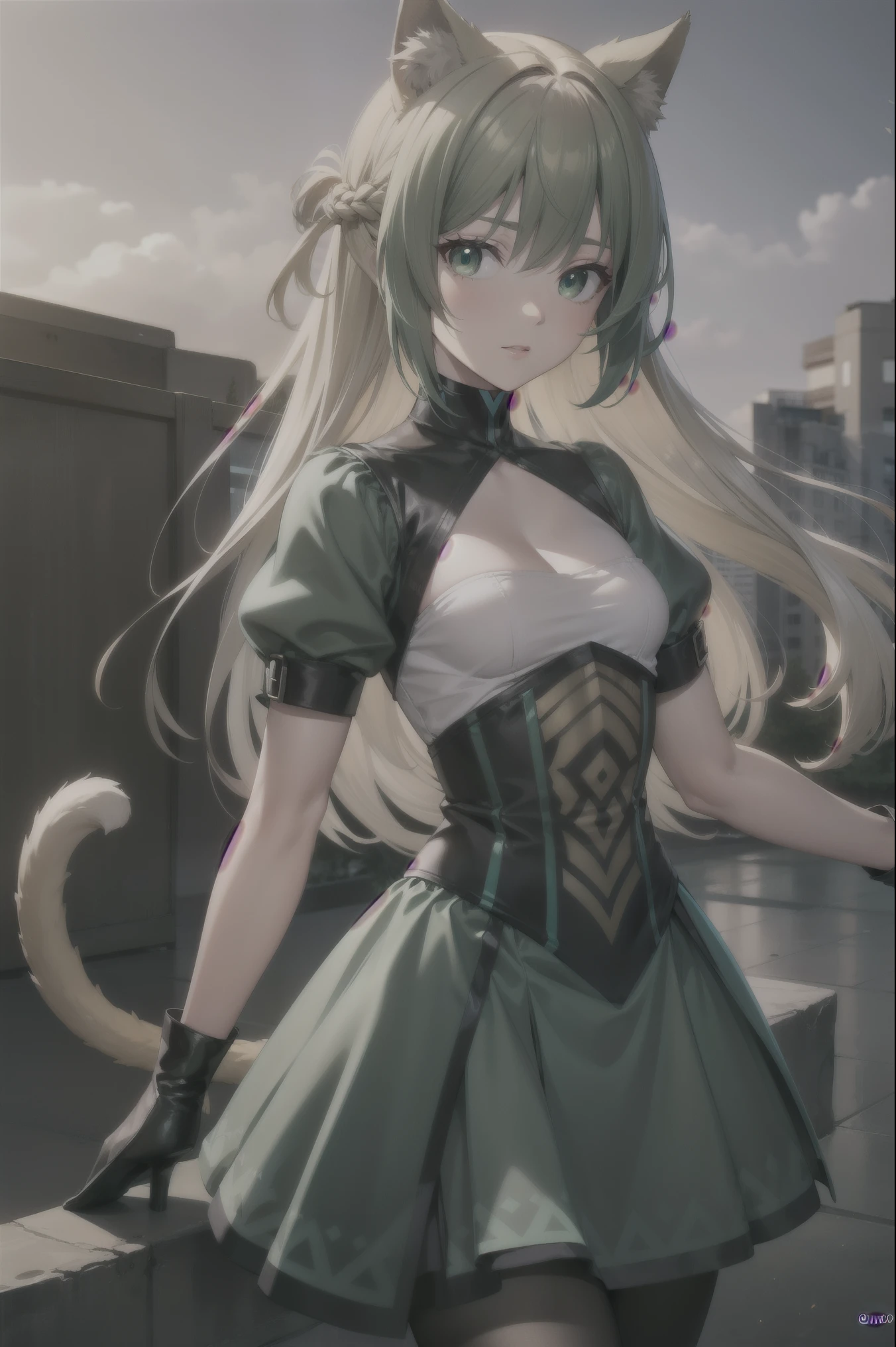 atalanta, atalanta, animal ears, blonde hair, cat ears, cat girl, cat tail, (green eyes:1.5), green hair, hair between eyes, long hair, multicolored hair, tail, (small breast:1.2),
BREAK black gloves, gloves, skirt, dress, green dress, short sleeves, puffy sleeves, juliet sleeves, short skirt, green skirt,
BREAK looking at viewer,
BREAK outdoors,
BREAK (masterpiece:1.2), best quality, high resolution, unity 8k wallpaper, (illustration:0.8), (beautiful detailed eyes:1.6), extremely detailed face, perfect lighting, extremely detailed CG, (perfect hands, perfect anatomy),