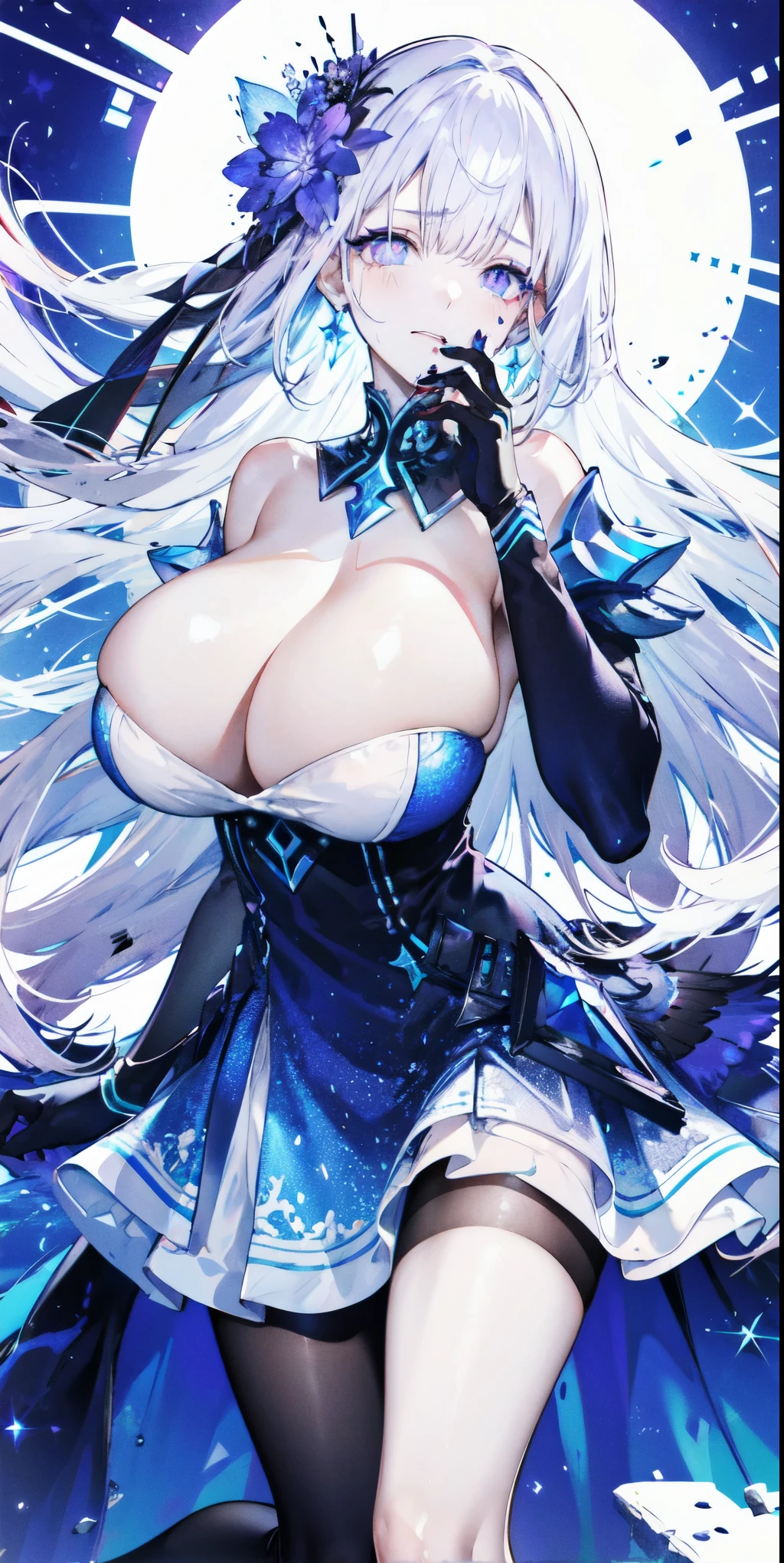 （（masterpiece：1.4，best quality）），（Super detailed），（Extremely detailed eyes），（black leggings，Shiny socks：1.5），Hello Darkness
（Cute girls），，（Blood-red pupils，Diamond-shaped pupil：1.15），Purple Eyeshadow，（elongated hair，Thick hair，Single ponytail，shiny hair：1.5）（Changes through：1.2），White skin，despair，sad，Empty eyes，tears streaming down my face，tilting its head to the side，kneel
（She wears blue armor，A blue dress，：1.5），（Black gloves：1.4）Very long plush sleeves，White，White Cloud，Dream bubbles ，Ice and glitter effects
（Black long skirt：1.1），
（dawn：1.2），
（Intense black and white：1.16），（Depth of Field：1.4），，Intricate details，(Castle in the Sky，Standing by the lake，Purple flowers by the lake)，(((Huge breasts，Bare breasts，Deep cleavage)))