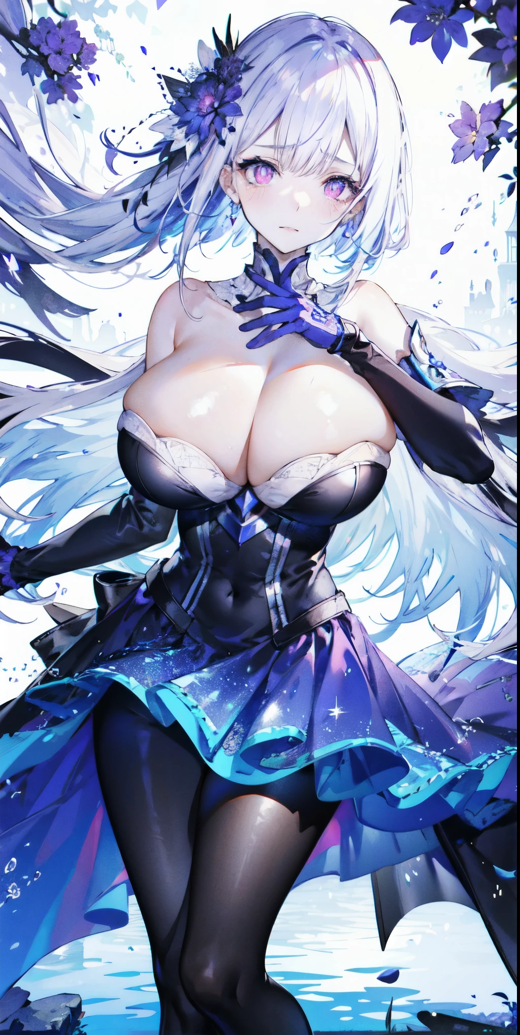 ((masterpiece:1.4,best quality)),(Super detailed),(Extremely detailed eyes),(black leggings,Shiny socks:1.5),Hello Darkness
(Cute girls),,(Blood-red pupils,Diamond-shaped pupil:1.15),Purple Eyeshadow,(elongated hair,Thick hair,Single ponytail,shiny hair:1.5)(Changes through:1.2),White skin,despair,sad,Empty eyes,tears streaming down my face,tilting its head to the side,kneel
(She wears blue armor,A blue dress,:1.5),(Black gloves:1.4)Very long plush sleeves,White,White Cloud,Dream bubbles ,Ice and glitter effects
(Black long skirt:1.1),
(dawn:1.2),
(Intense black and white:1.16),(Depth of Field:1.4),,Intricate details,(Castle in the Sky,Standing by the lake,Purple flowers by the lake),(((Huge breasts,Bare breasts,Deep cleavage)))