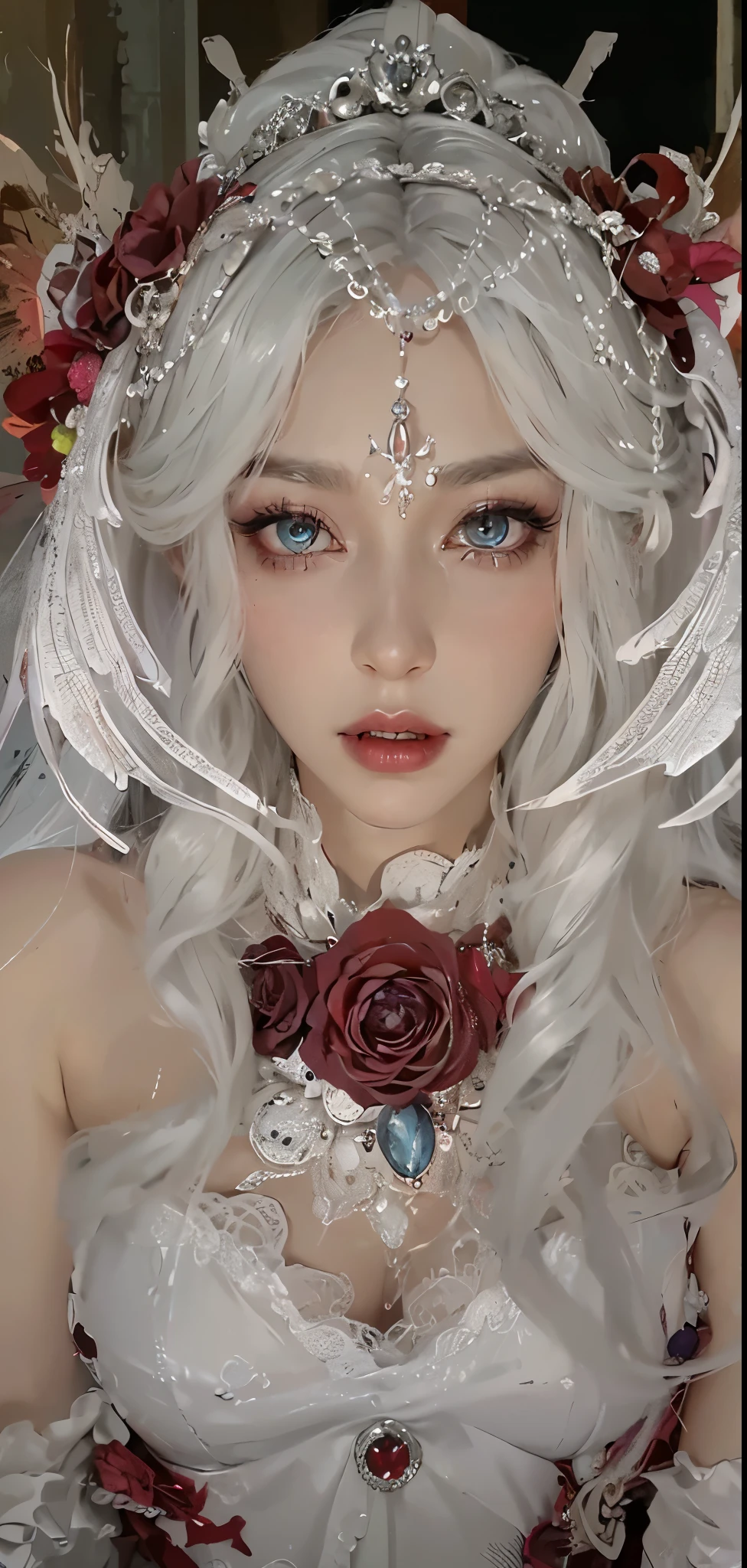 NSFW style，Delicate gloss，Box full of swords images,wing, Succubus Theme，Fallen Angel，Excellent，scary，Secret Terror，Tentacles，With eyes，Uncanny Valley Effect，Beast Blood Moon，skeleton，Hellfire，Demon Angel，Silver jewelry，sapphire eyes，colorful makeup，Gorgeous Demon Crown，luxury diamond necklace，Tattoo Queen，Blue pupils，Gorgeous jewelry
