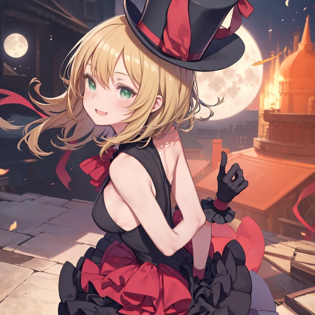 Girl wearing a top hat、full moon、On the roof、Blonde、Medium Hair、leotard、Cape、A big red ribbon on the back、Frilled Skirt、Thief、Green Eyes、laughing、Vibrant、pose、Red gloves、Black Costume、Shorts、