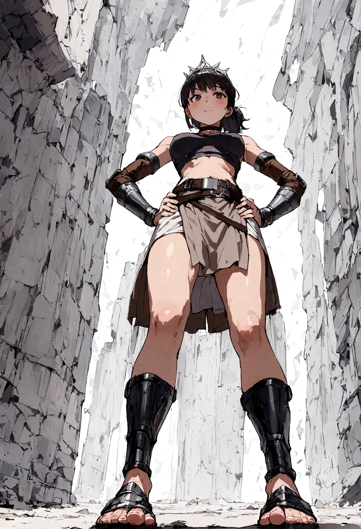 full body, whole body. loincloth standing, hands on hips full body, 1solo (girl). slave fighter, metal sandals, choker, big belt, view from below, feet together, bracers, tiara