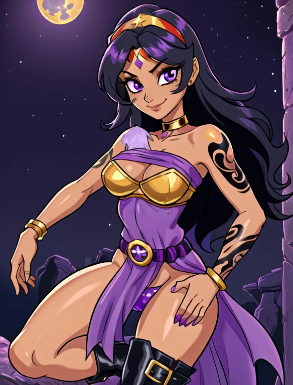 (best quality:1.3), (4K quality), (Detailed face:1.2), (Detailed eyes:1.2), solo, 1girl, 25 year old woman, sorceress, (dark skin:1.2), purple hair, wavy hair, long hair, purple eyes, mascaras, purple eyeshadow, (tattoos:1.2), medium breasts, waist, slender legs, attractive body, slim figure, perfect shape, ((Wearing: golden headband, purple strapless top, purple loincloth, pelvic curtain, golden belt, golden bracelets, long black boots)), holding a magical stuff, purple magic. She had a refreshing, charming personality and is ambiguous and mysterious. looking at viewer, she's looking at the camera with a flirtatious smile. Fantasy based setting, outdoors, fortress, darkness, dark, night, night sky, moon.