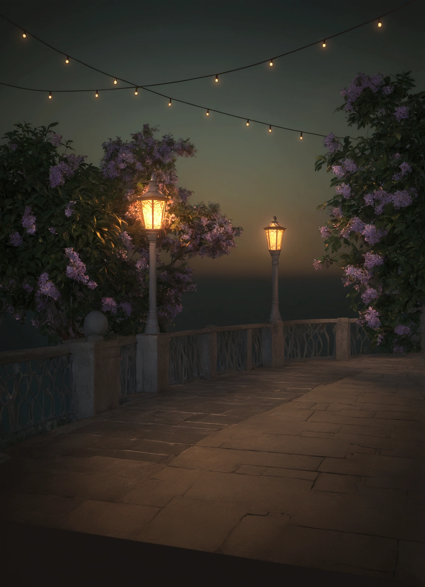there is a street lamp on the bridge near the water, Volumetric evening lights, cinematic outdoor lighting, fantasy atmospheric lighting, night rendering, 3D rendering even illuminated, with photorealistic lighting, Soft evening lighting, Cinematic Night Lighting, volumetric lighting. fantasy, well lit 3D render, highly detailed ambient lighting, volumetric lighting beautiful, realistic fantasy render, painting, impressionism