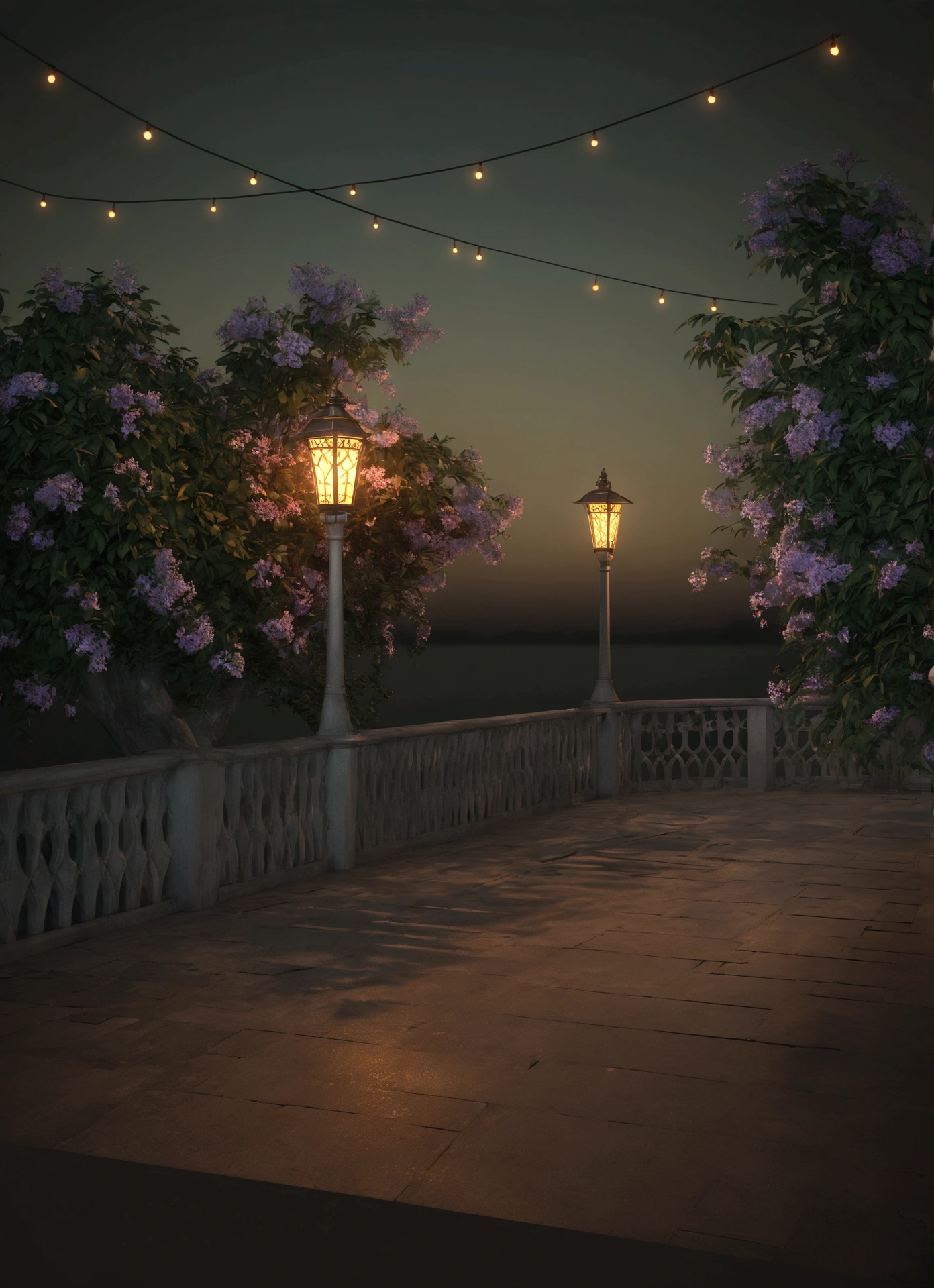 there is a street lamp on the bridge near the water, Volumetric evening lights, cinematic outdoor lighting, fantasy atmospheric lighting, night rendering, 3D rendering even illuminated, with photorealistic lighting, Soft evening lighting, Cinematic Night Lighting, volumetric lighting. fantasy, well lit 3D render, highly detailed ambient lighting, volumetric lighting beautiful, realistic fantasy render, painting, impressionism