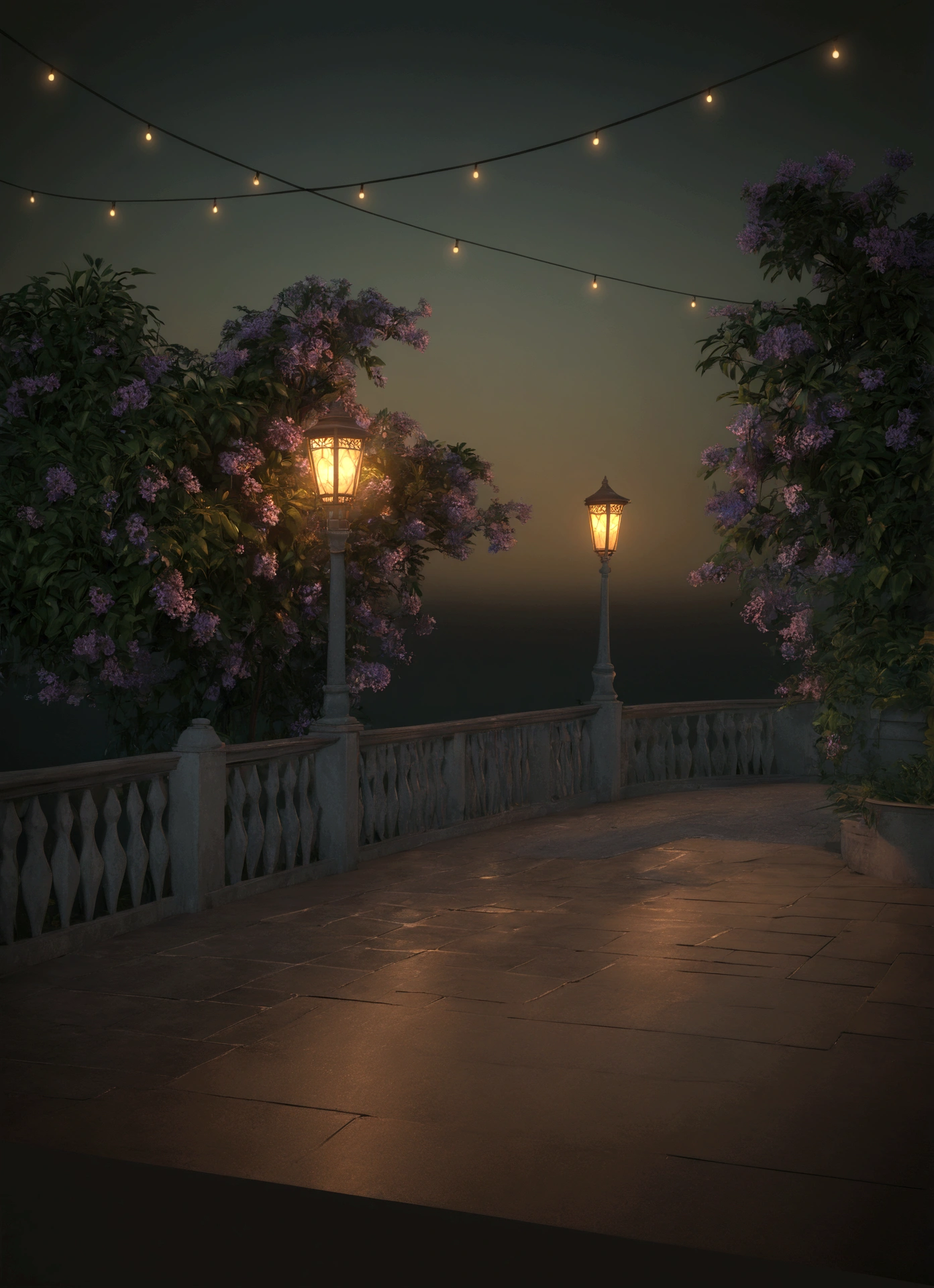 there is a street lamp on the bridge near the water, Volumetric evening lights, cinematic outdoor lighting, fantasy atmospheric lighting, night rendering, 3D rendering even illuminated, with photorealistic lighting, Soft evening lighting, Cinematic Night Lighting, volumetric lighting. fantasy, well lit 3D render, highly detailed ambient lighting, volumetric lighting beautiful, realistic fantasy render, painting, impressionism