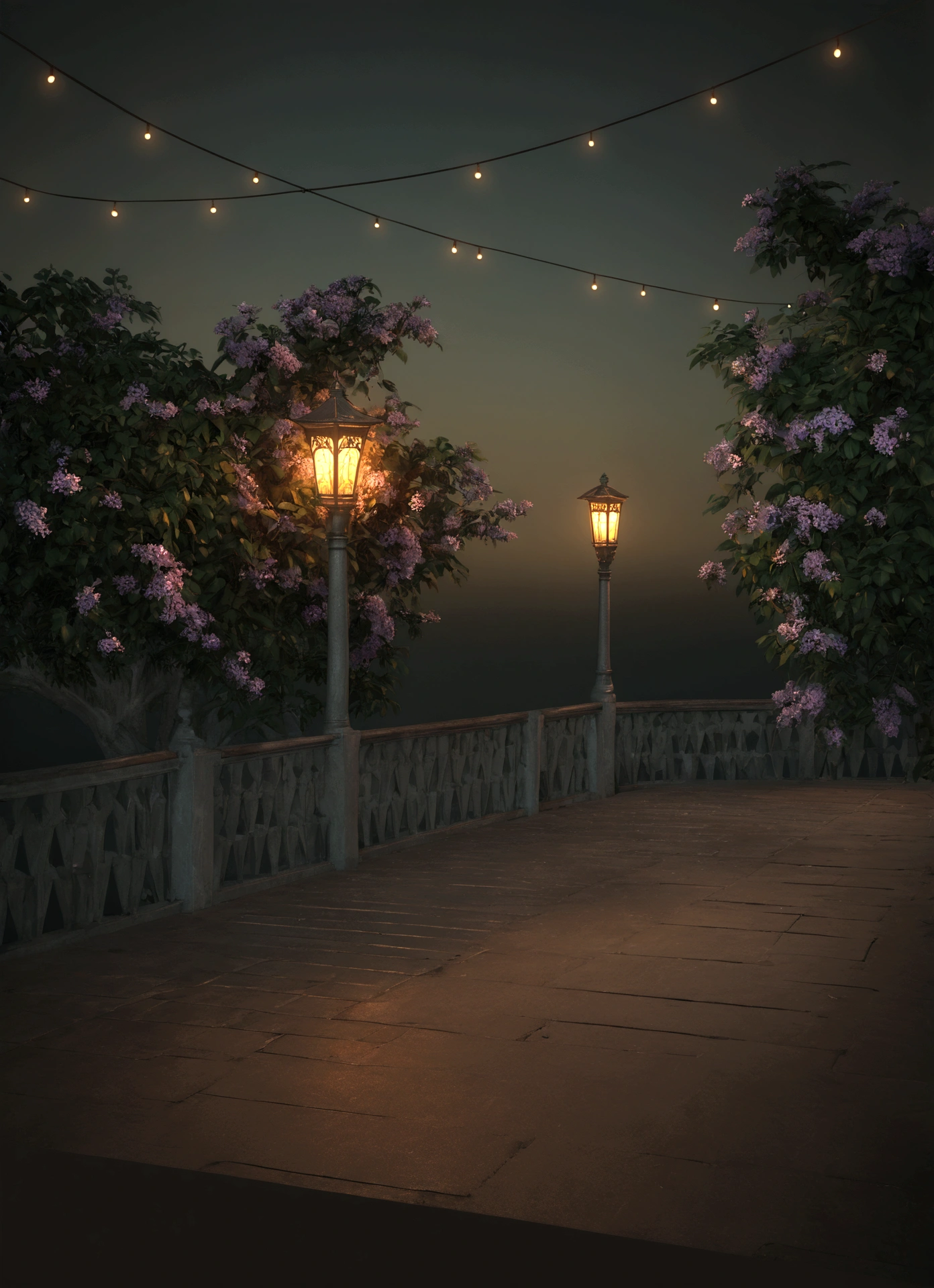 there is a street lamp on the bridge near the water, Volumetric evening lights, cinematic outdoor lighting, fantasy atmospheric lighting, night rendering, 3D rendering even illuminated, with photorealistic lighting, Soft evening lighting, Cinematic Night Lighting, volumetric lighting. fantasy, well lit 3D render, highly detailed ambient lighting, volumetric lighting beautiful, realistic fantasy render, painting, impressionism
