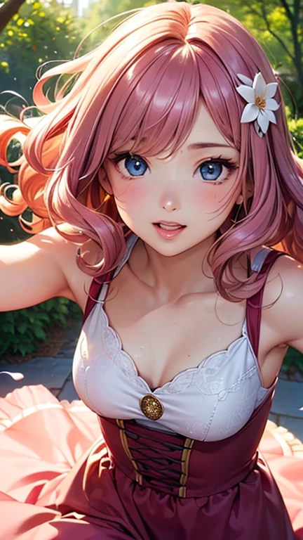 A girl is posing for a photo,pretty girl,Enchanting girl,Anime Girls,
(((One Girl,Baby Face,16 years old))),
BREAK
((fairy costume))、(Flower Hair Ornaments)、
BREAK
((Matte pink hair:1.4、Too much hair、Curly hair、Wavy Hair、Hair blowing in the wind、Shaggy Hair、Quite long natural curls:1.4)),
(Drooping eyes,blue eyes),(Small breasts),
BREAK
(Beautiful Hair,Shiny Hair),
(Expression of fine eyes,Beautiful and delicate eyes,Sparkling eyes,Eye Reflexes),
(double eyelid,Long eyelashes),
(Beautiful Nose,Thin Nose),
(Glossy lips,Beautiful Lips,Thick lips),
(Symmetrical facial features,Perfect Face),(((Detailed skin,Oily skin,Textured skin,Beautiful Skin))),
BREAK
(Laugh with your mouth wide open),
((noon、forest:1.4、sunlight)),((Are standing、Open your arms:1.4、Dynamic Pose)),
BREAK
(((highest quality)),((masterpiece)),((Very detailed))),((High resolution),(8k),(16k,1080p),(Anime 2D Rendering)),(Anatomically correct),
((Realistic)), (The best CG),Highly detailed art,CG illustration,