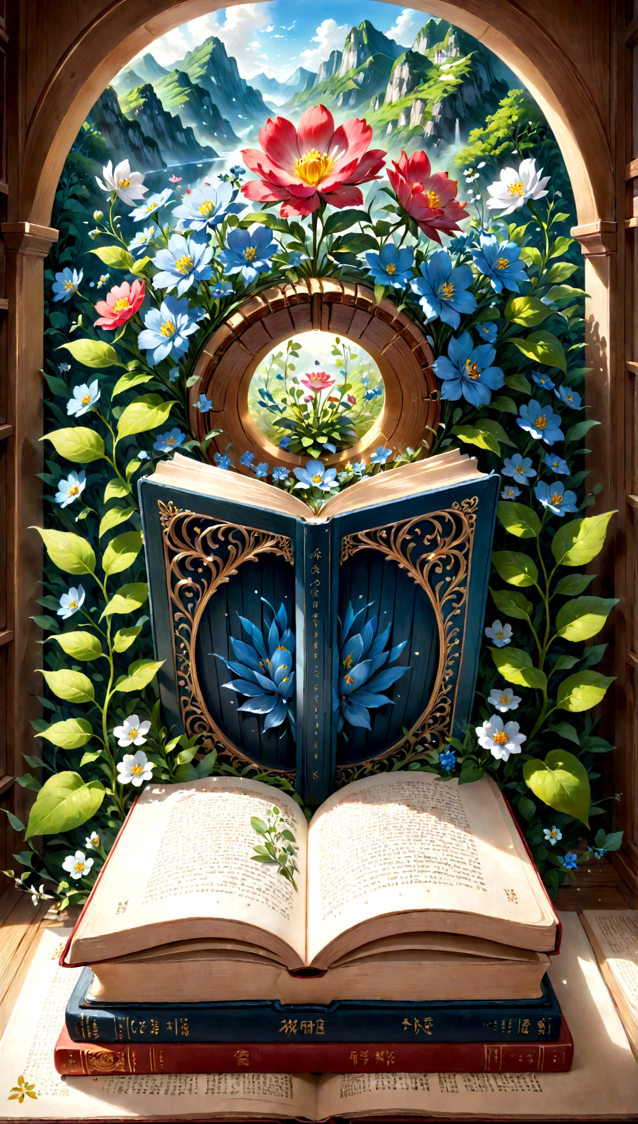 painting of a book with a flower in the middle of it, by Eizan Kikukawa, dreamy illustration, by Kose Kanaoka, by Mei Qing, by Yamagata Hiro, by Ni Duan, by Yukihiko Yasuda, cute storybook illustration, by Ni Tian, by Yuko Tatsushima