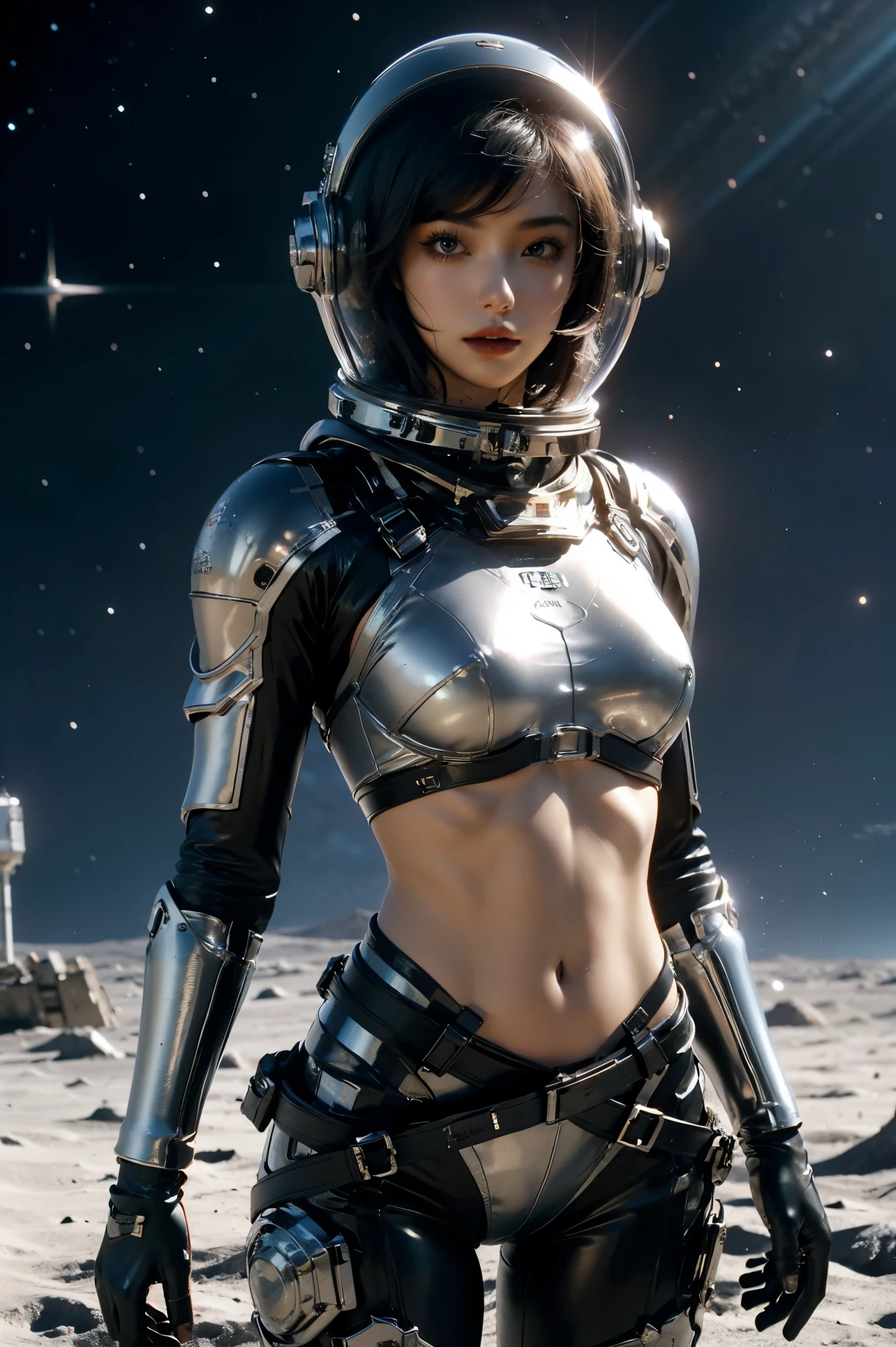 a girl in spacesuit, fully exposed midriff, bare waist,cowboy-shot, in outer space, desolate alien planet, transparen space-helmet,Transparent full-face helmet ,((bikini top)),((metal Bikini armor)), sexy exposed midriff, full metallic armor, bare midriff and waist, open abdomen, fully exposed abdomen, cowboy-shot, realistic, photorealistic, high quality, 8k, extremely detailed, masterpiece, dynamic pose, dramatic lighting, cinematic, sci-fi, futuristic, vibrant colors