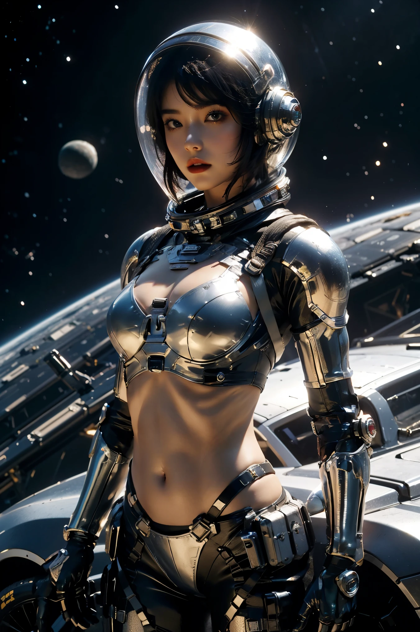 a girl in spacesuit, fully exposed midriff, bare waist,cowboy-shot, in outer space, desolate alien planet, transparen space-helmet,Transparent full-face helmet ,((bikini top)),((metal Bikini armor)), sexy exposed midriff, full metallic armor, bare midriff and waist, open abdomen, fully exposed abdomen, cowboy-shot, realistic, photorealistic, high quality, 8k, extremely detailed, masterpiece, dynamic pose, dramatic lighting, cinematic, sci-fi, futuristic, vibrant colors