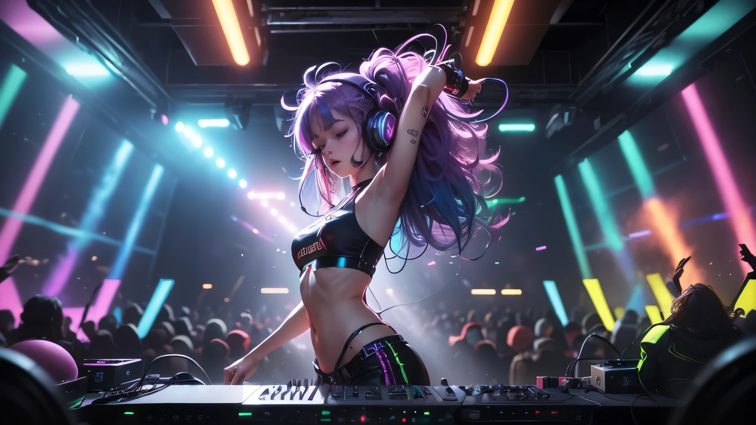 sex girl front, rainbow color hair (masterpiece:1.3),(best quality:1.2),8k,absurdres,unity 8k wallpapper,(extremely detailed:1.3),highestres,realistic, blurry background, blurry foreground, (1girl:1.2),(headphones:1.1),(neon light:1.1),mechanical headwear,(mechanical wings:1.1),frown,(dynamic pose:1.1),(floating hair:1.2),(DJ:1.2),(psychedelic:1.2),dynamic pose,(electric wire:1.1),(light beam:1.2),half closed eyes,midriff,dim,(music:1.2),cable,god rays,(indoors:1.2),from side,(instrument:0.7),frenzied,passionate,energetic,intense,electrifying,exhilarating,dynamic,thrilling,explosive,rousing,(crowd:1.2),light rays,,neonlight,electric fan, (electricity:1.2), (electronic music:1.1),(sound mixing:1.3), front dance