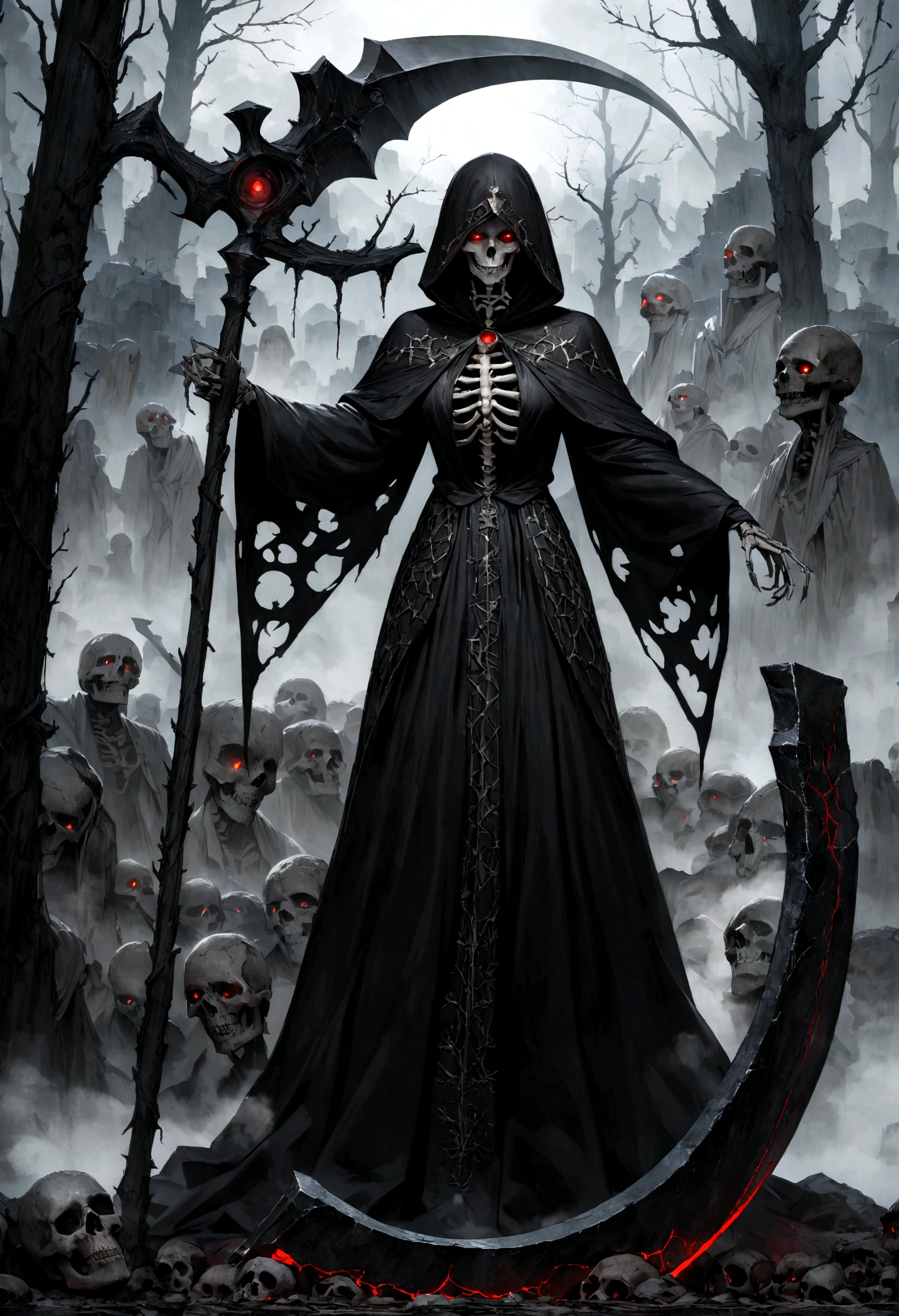 Front view, ominous and dramatic lighting, a menacing skeleton necromancer with glowing red eyes, gripping a large, ornate scythe, clad in a glossy, wet-look black hooded cloak, standing amidst an ancient, decrepit cemetery, surrounded by gnarled, dead trees and thick, rolling fog, intricate textures on the weathered tombstones and the necromancer's attire, styled in the dark, fantastical manner of Greg Rutkowski, 8k resolution, HDR, masterpiece quality, ultra-detailed and realistic rendering, the atmosphere eerie and foreboding, background featuring twisted branches, cracked gravestones, and dense mist, the composition meticulously balanced and visually arresting