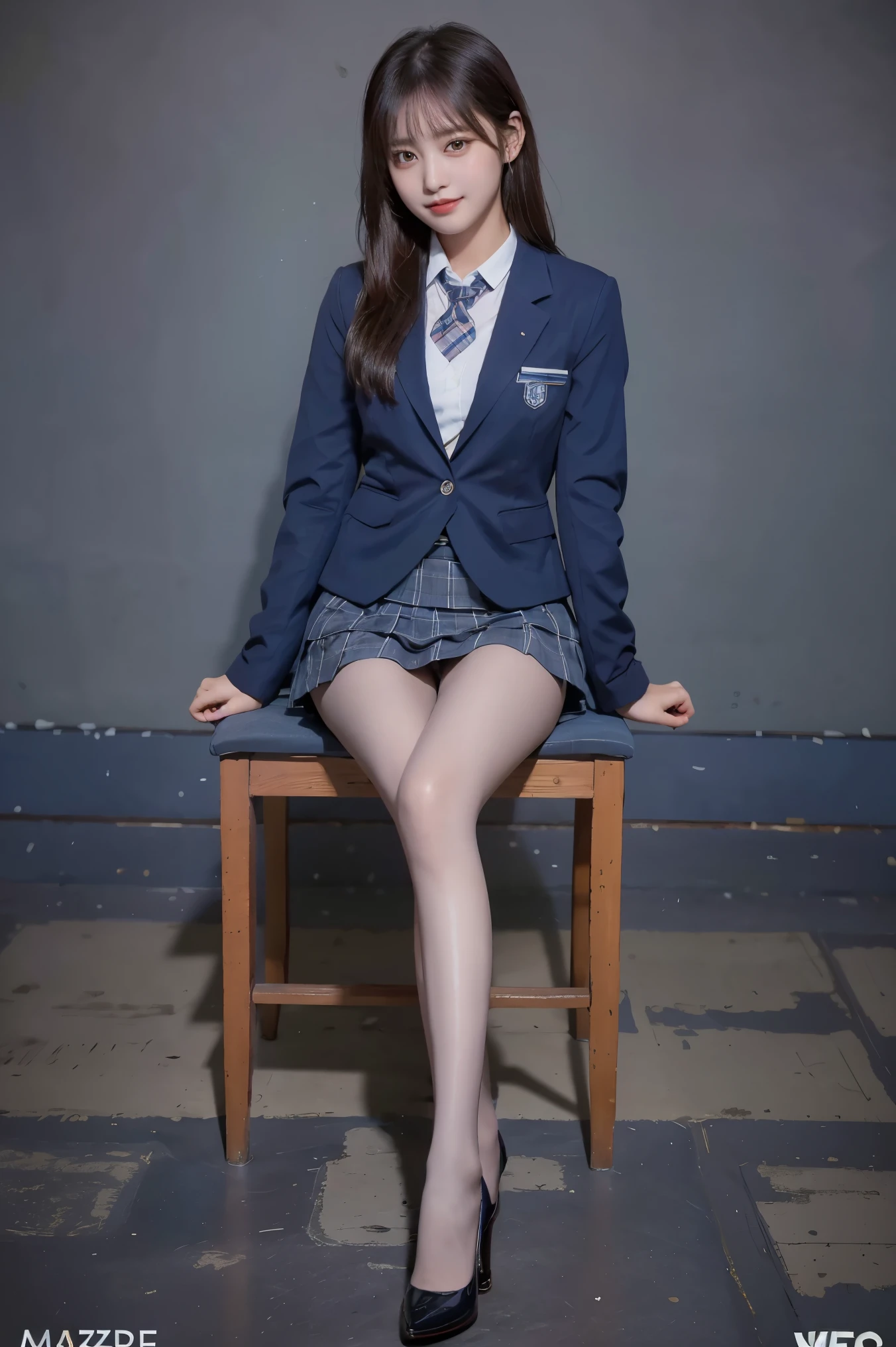 (8k), (highest quality: 1.2), (Realistic), (Realistic: 1.37), Ultra-high resolution, (1 girl), cute, blush,Embarrassed smile, Beautiful details, Beautiful Nose, straight Hair, Giant Dulcefo, pork, Thighs,Self Snap,University Uniforms,(A simple dark blue blazer:1.4),(Pleated skirt:1.2),(The skirt and tie are gray tartan check pattern.:1.3),(Sitting:1), Sit on the ground,(Hold my feet:1),(Shiny legs:1.2),from the front,knees