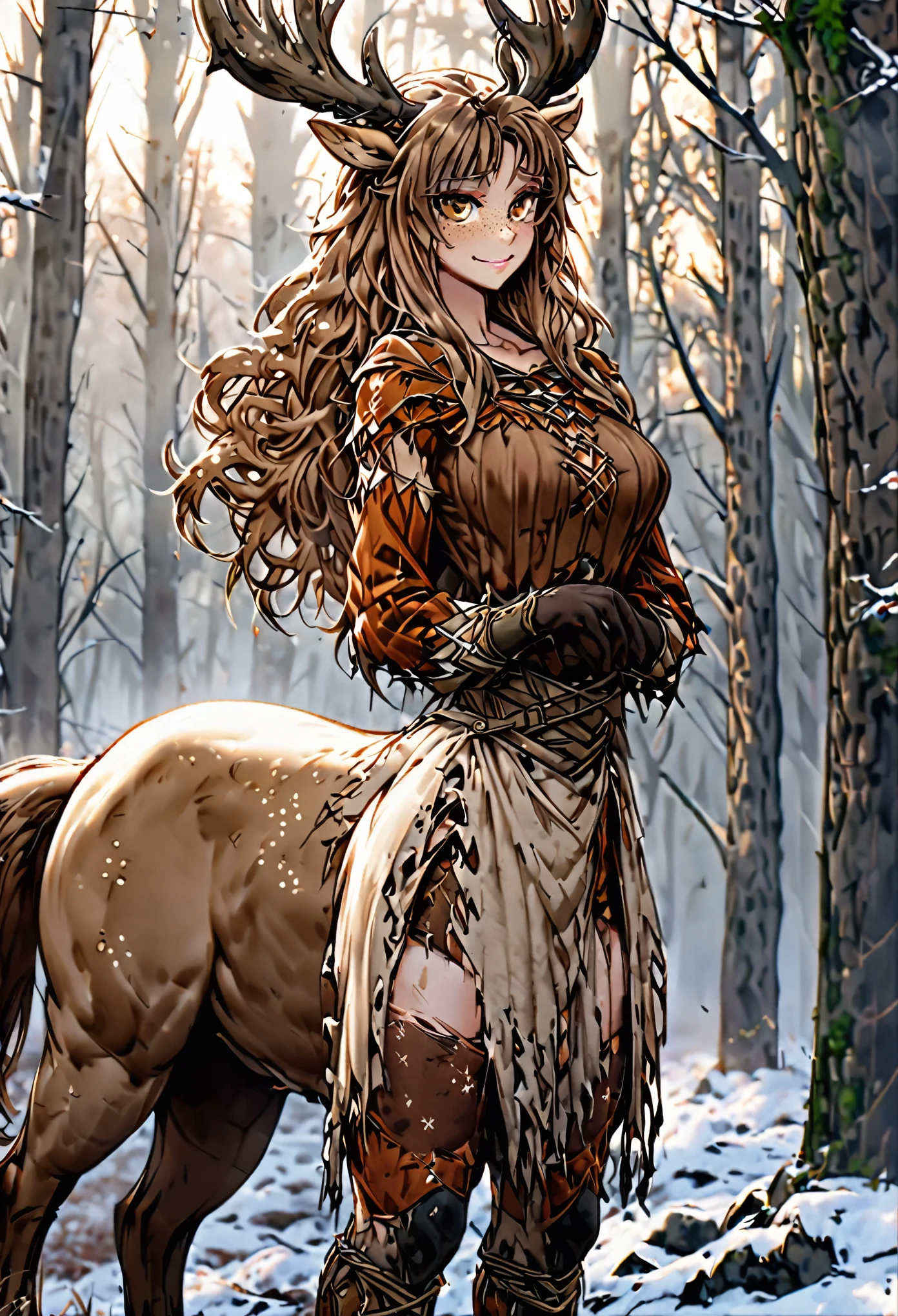 Solo, female, sfw, medium shot, brown hair, long hair, wild hair, deer antlers, huge woman, brown eyes, torn cape, winter, forest, freckles, shy smile, shy pose, ((deertaur)), deer centaur, villager clothes, medieval, furry legs, deer legs, deer body, deer lower body, ((brown fur))