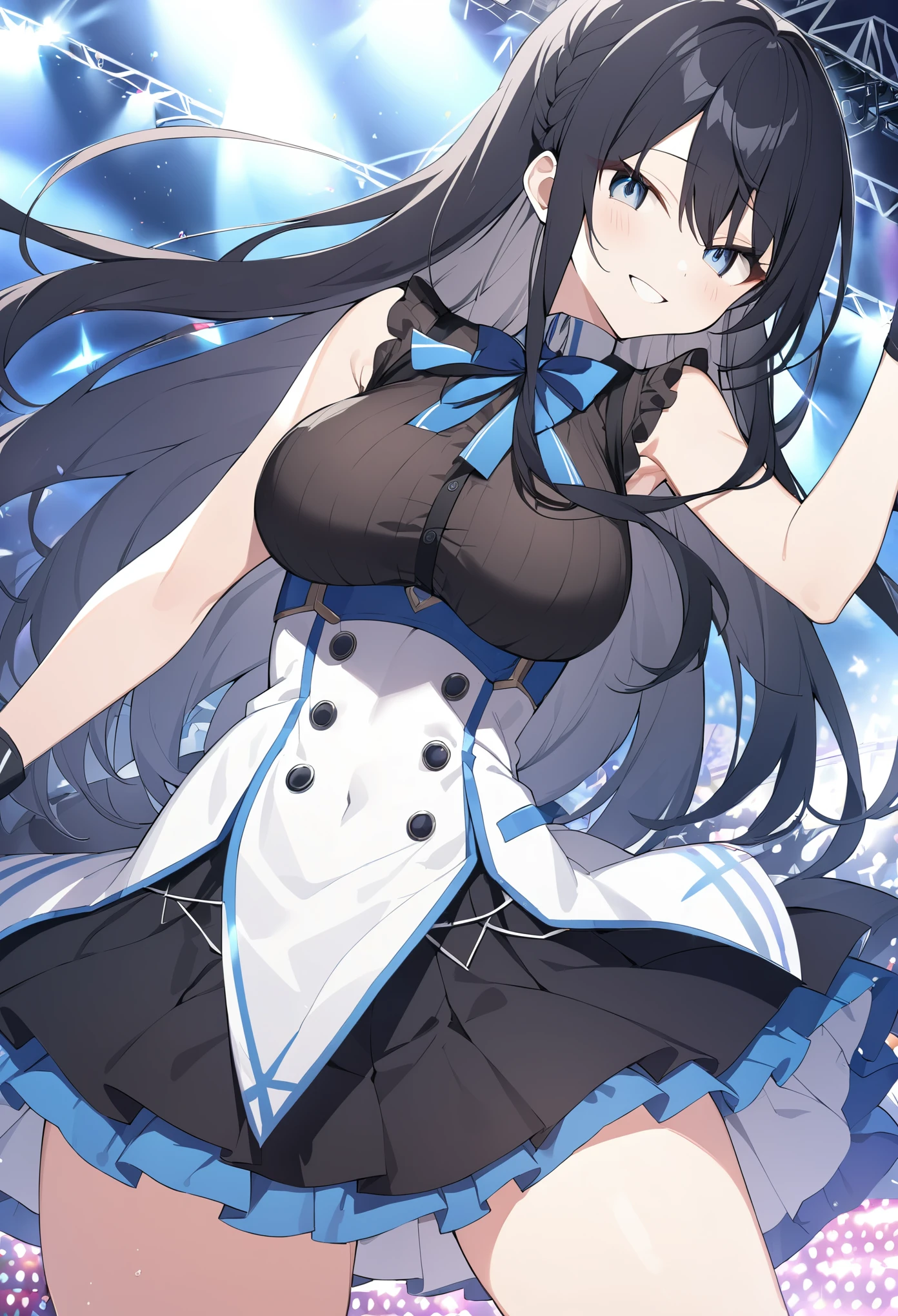 black hair, long hair, Blue eyes,,, large breasts, live stage, solo,