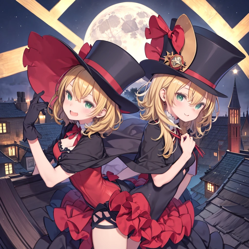 Girl wearing a top hat、full moon、On the roof、Blonde、Medium Hair、leotard、Cape、A big red ribbon on the back、Frilled Skirt、Thief、Green Eyes、laughing、Vibrant、pose、Red gloves、Black Costume、Shorts、Angle from above、Overlooking a medieval European town、Midnight、