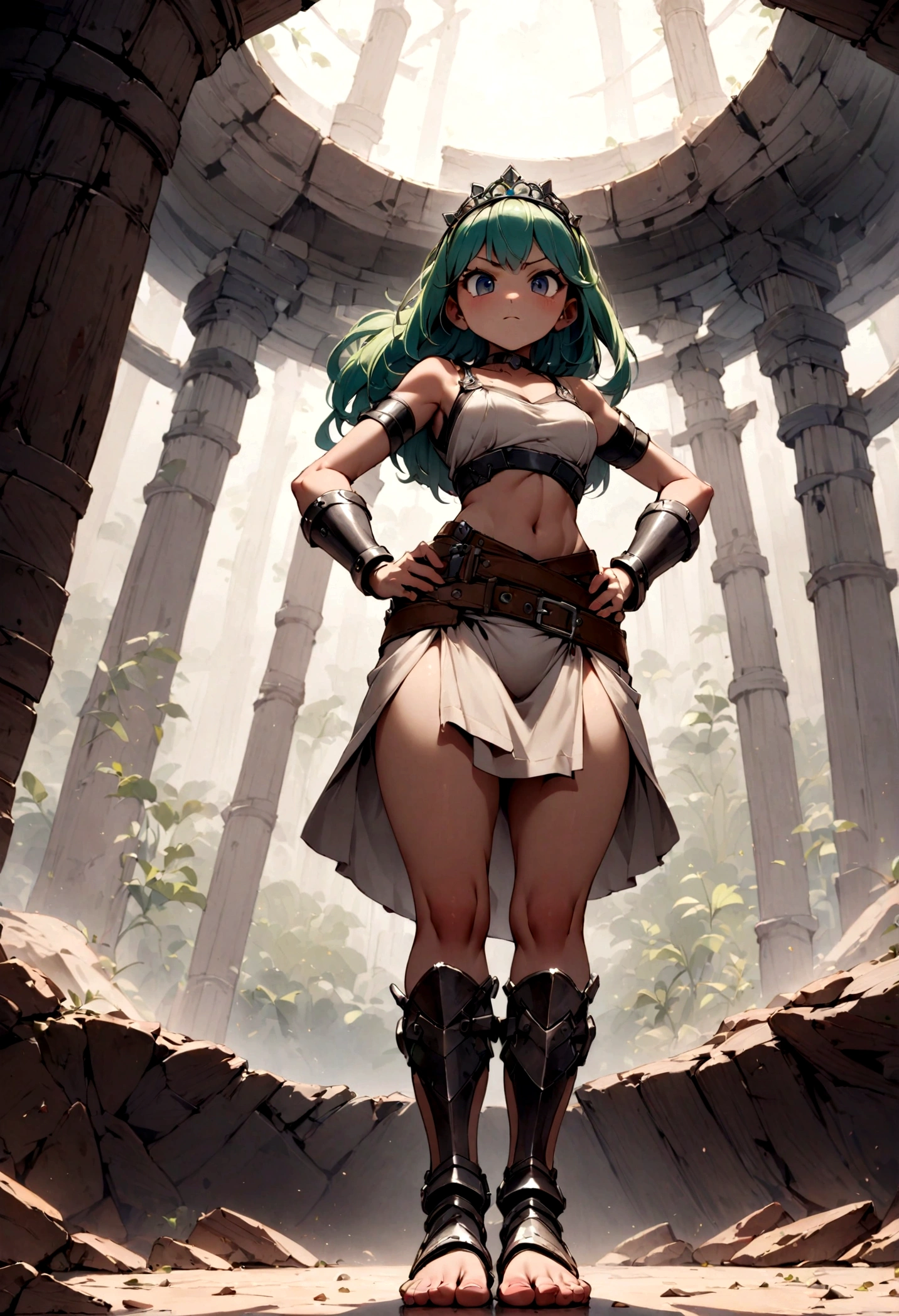 full body, whole body. loincloth standing, hands on hips full body, 1solo (girl). slave fighter, metal sandals, choker, big belt, view from below, feet together, bracers, tiara