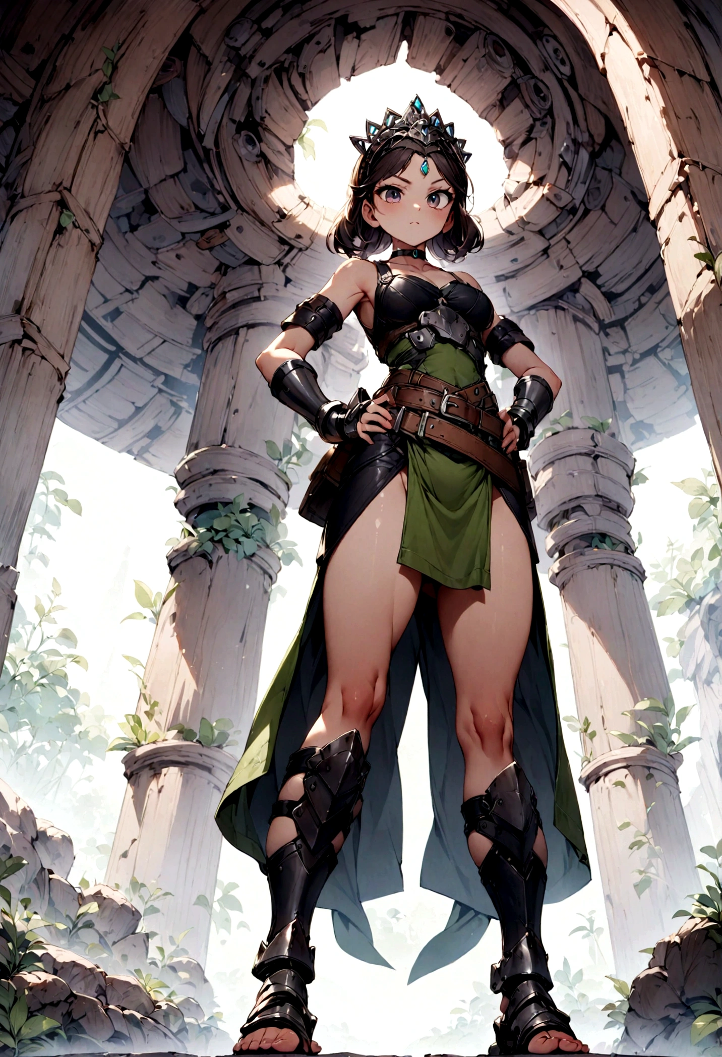 full body, whole body. loincloth standing, hands on hips full body, 1solo (girl). slave fighter, metal sandals, choker, big belt, view from below, feet together, bracers, tiara