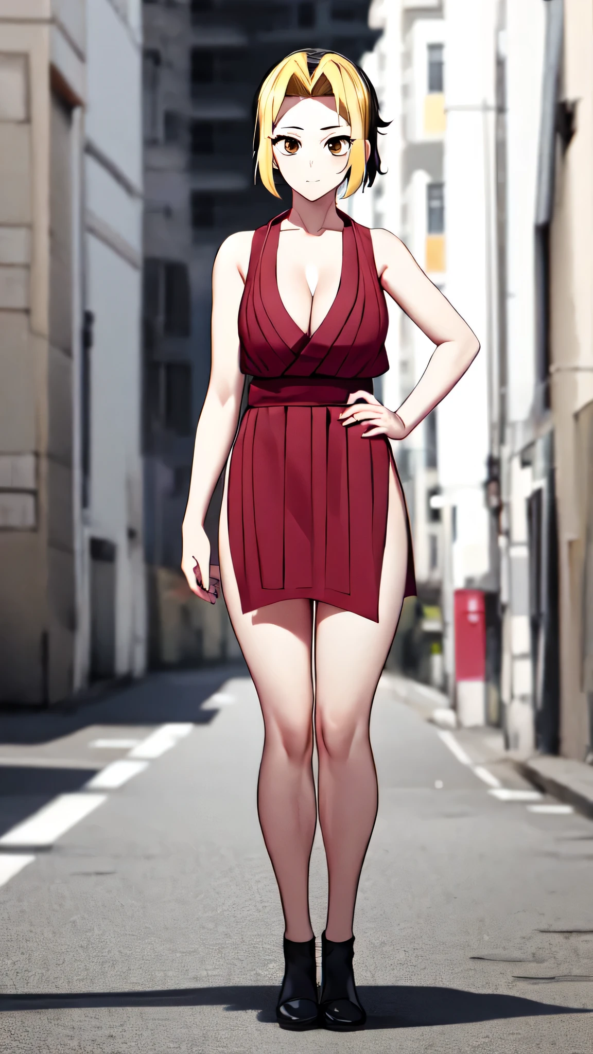 makio, 1girl, solo, looking at viewer, short hair, blonde hair, black hair, cleavage, brown eyes, medium breasts, closed mouth, collarbone, upper body, outdoors, sleeveless, blurry, blurry background, dyed bangs, full body, standing, idle, hand on hip