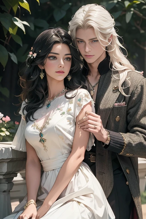 (masterpiece, highest quality, high resolution, 8k, difficulty: 1.2) photorealistic book cover in the genre of epic romantic fantasy, in the center of which a COUPLE (a man and a woman) is depicted. Spring romantic fantasy in the center stands a handsome, tall, statuesque, courageous young blond man with long white hair, green eyes, dressed in an antique black military uniform and golden armor, he hugs from behind a beautiful, incredibly beautiful young femme fatale with long curly aquamarine hair, aquamarine eyes, she is a princess. proportional, delicate, shimmering, beautiful faces, daytime bokeh, fairy tale fairy, mysterious, bright spring color scheme, (Best quality, 8K, high resolution, Masterpiece: 1.2), Over-detailed (Realistic, Photorealistic, photorealistic-realistic: 1.37), Artistic decoration in a creative style, Historical, classic, sophistication, multicolor, high detail, soft lighting, luxurious furnishings, dress with details, bright flowers, exquisite jewelry, Unearthly atmosphere, Elegant pose, Graceful curves, Loose hair, Breathtaking patterns on textiles, Delicate floral decor, Dazzling set of crystal accessories, mysterious and dreamy atmosphere, impeccable attention to detail. expressive eyes, beautiful face. aquamarine hair, aquamarine eyes,